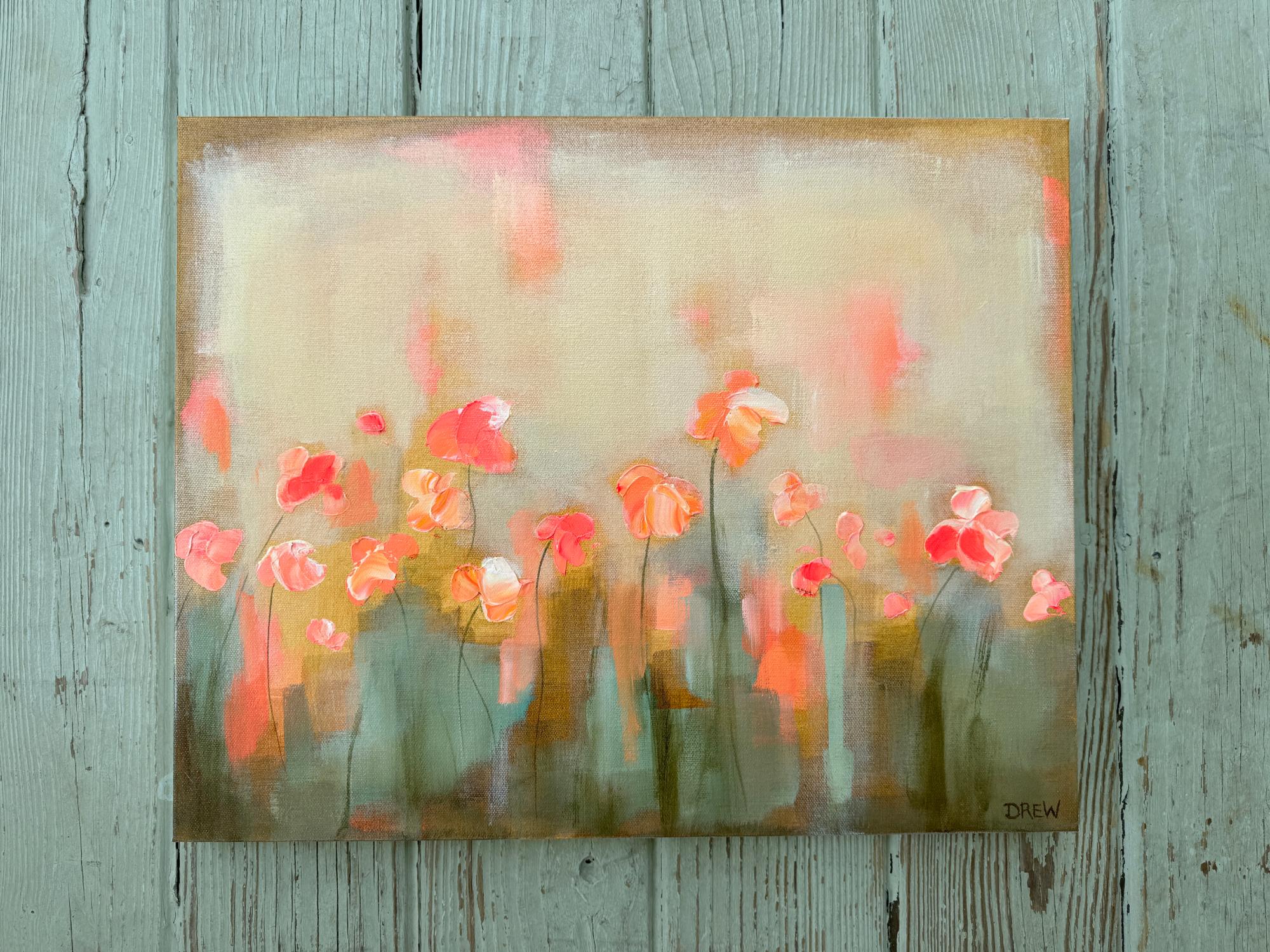 <p>Comentarios del artista<br>En esta edificante vista de jardín, el artista Drew Noel Marin combina una paleta brillante con trazos suaves y rítmicos para crear un cálido ambiente veraniego. Flores naranjas y rosas parecen flotar sobre un fondo de