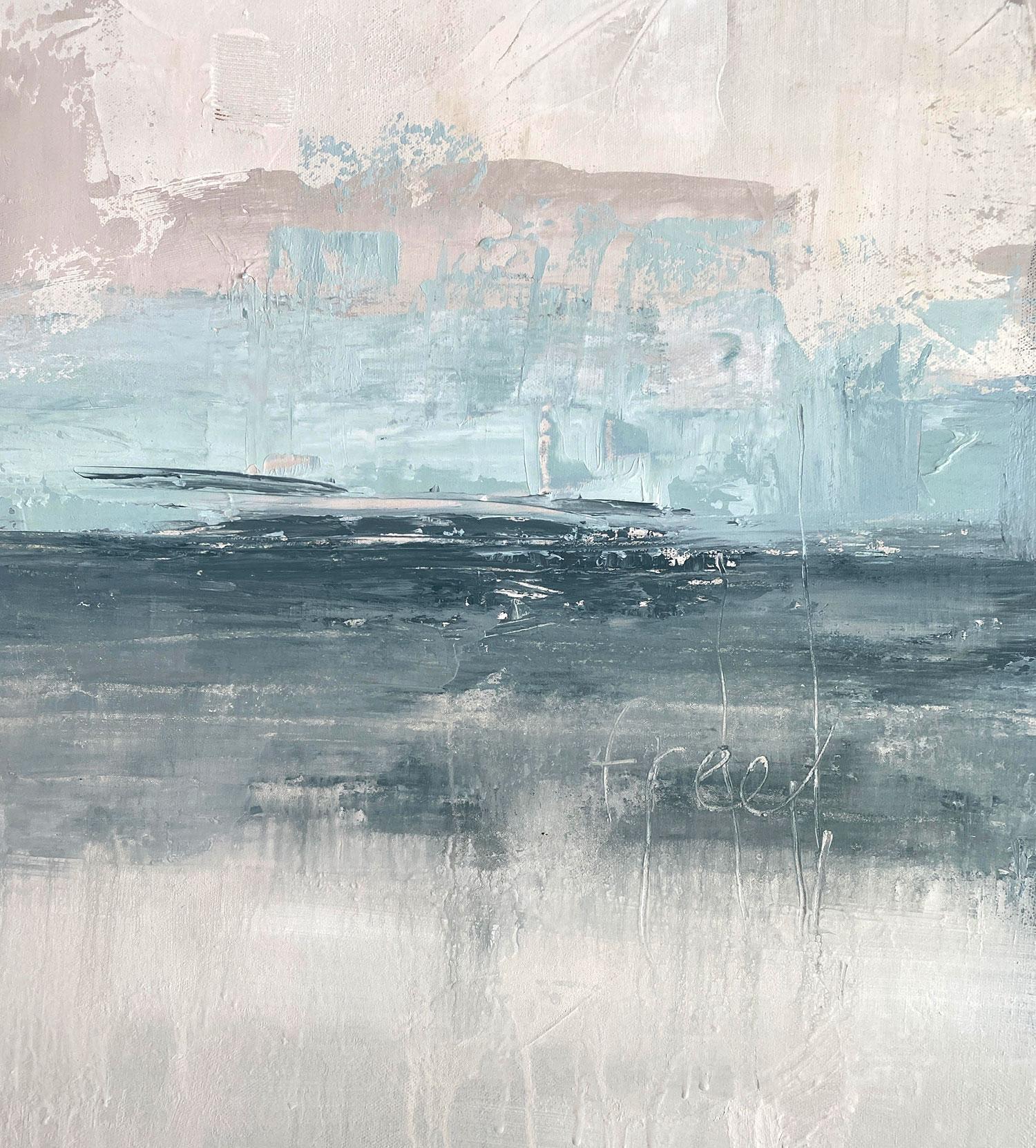 <p>Artist Comments<br>A cool abstract landscape in shades of beige, cream, and blue by artist Drew Noel Marin. A line of tonal blues colors the horizon where the word 