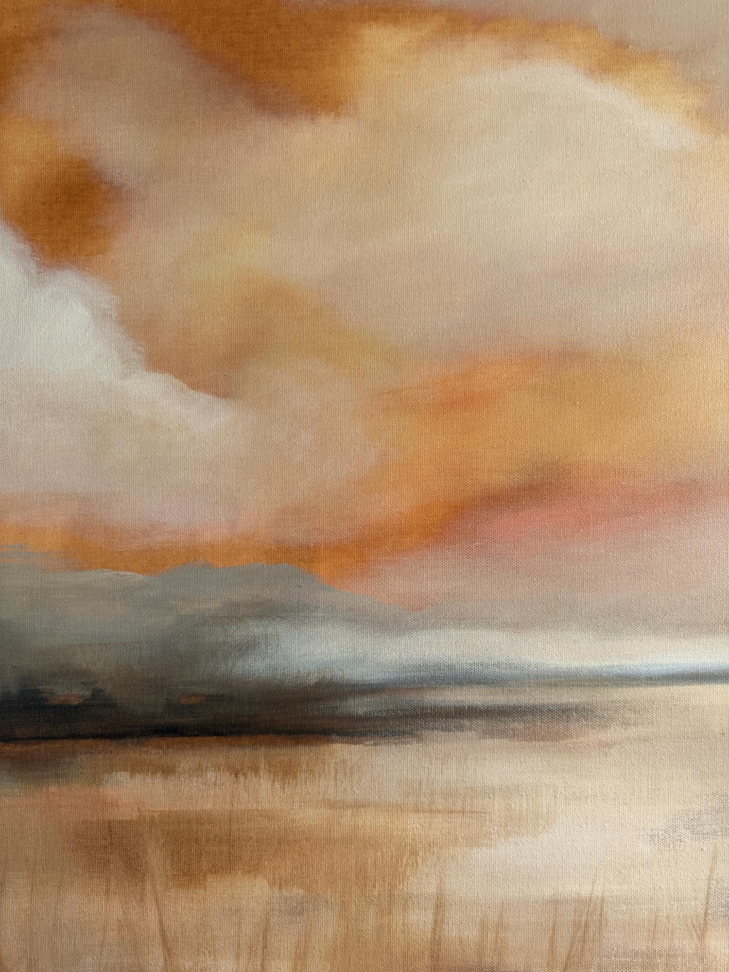 <p>Kommentare des Künstlers<br>Sanfte Orangetöne erstrecken sich über eine weite, offene Landschaft unter einem Himmel mit sanften, wogenden Wolken. Da keine Bäume oder Pflanzen zu sehen sind, tendiert die Szene zur Abstraktion und lädt den