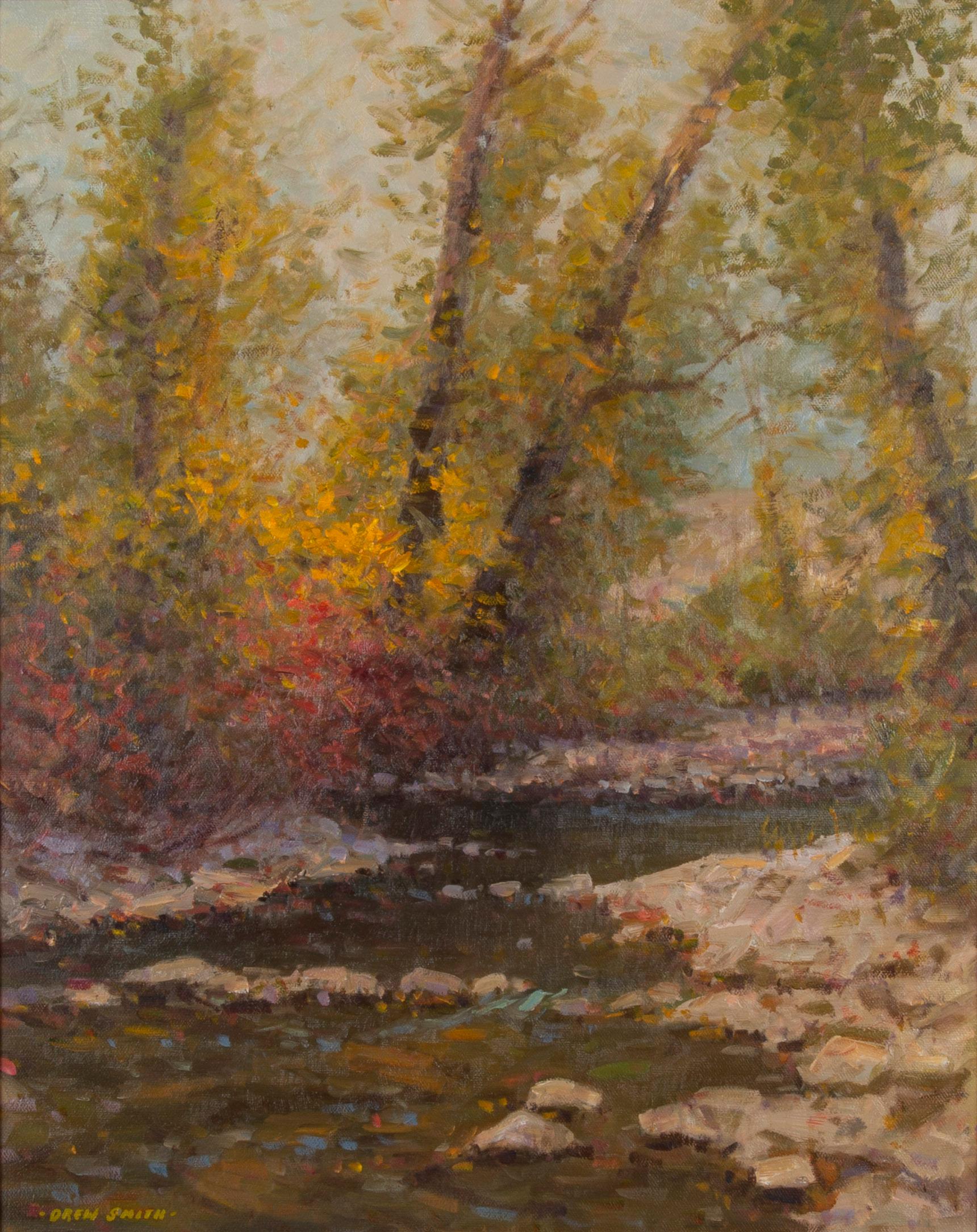 September Song, Drew Smith Impressionist River Landscape Oil Painting Gold Frame 1