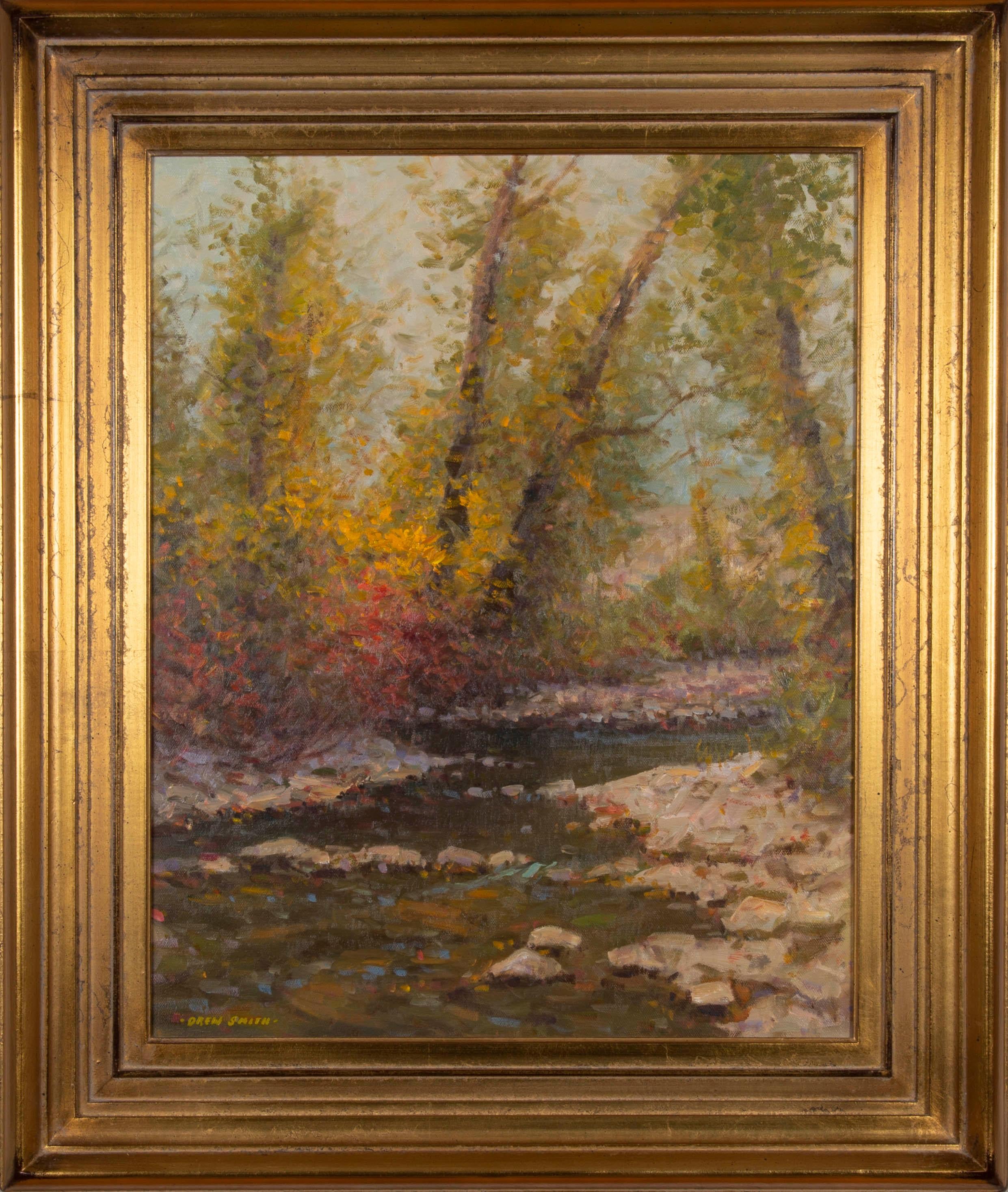 "September Song" by Drew Smith, 20" x 16" Impressionist River Landscape Oil Painting in a 26" x 22" Gold Frame.

As a native of Idaho Falls, Drew was inspired since early childhood by the beauty of the surrounding Intermountain Region. The Tetons,