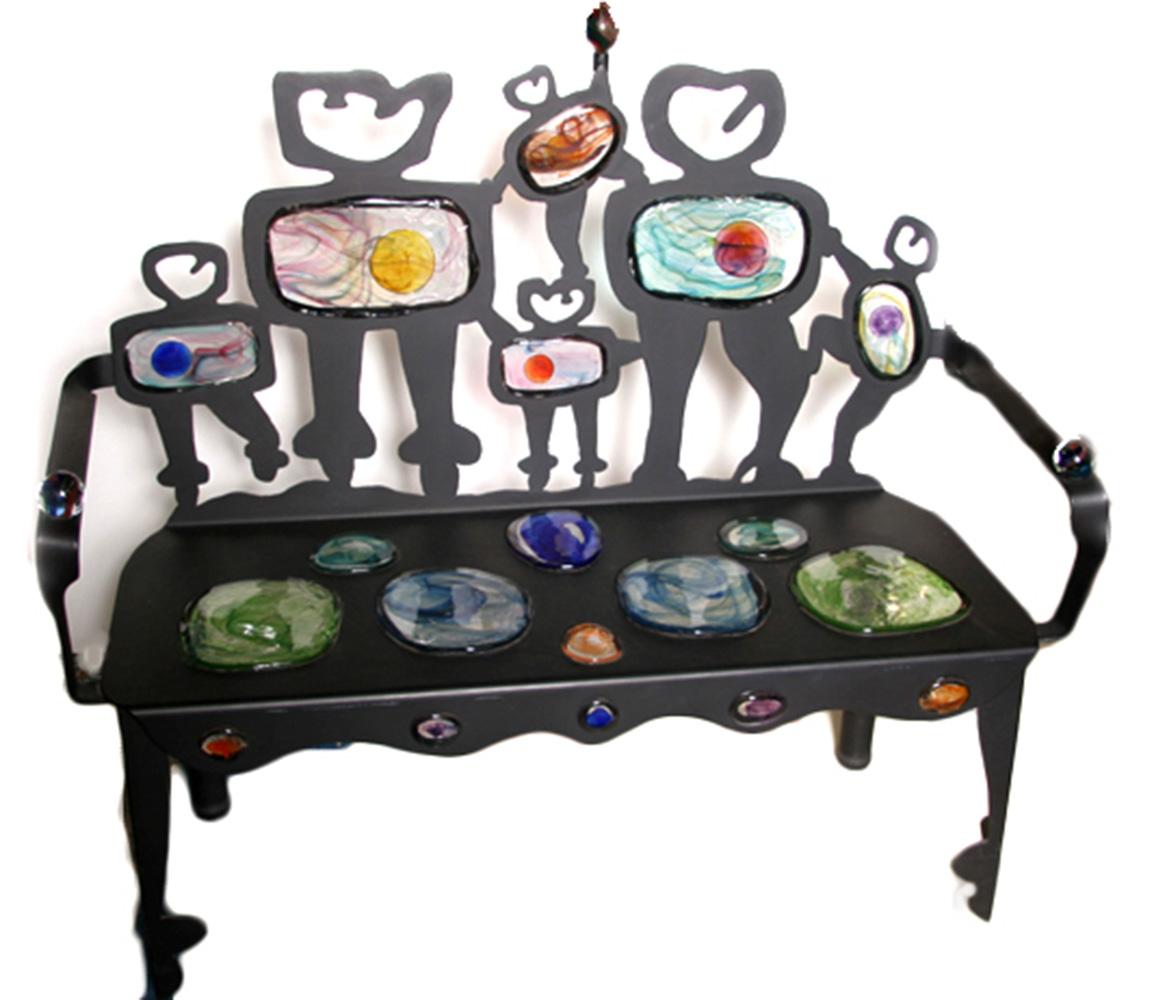 Art Glass Black Bench, Stained Glass and Cast Iron Sculpture by Drew Smith