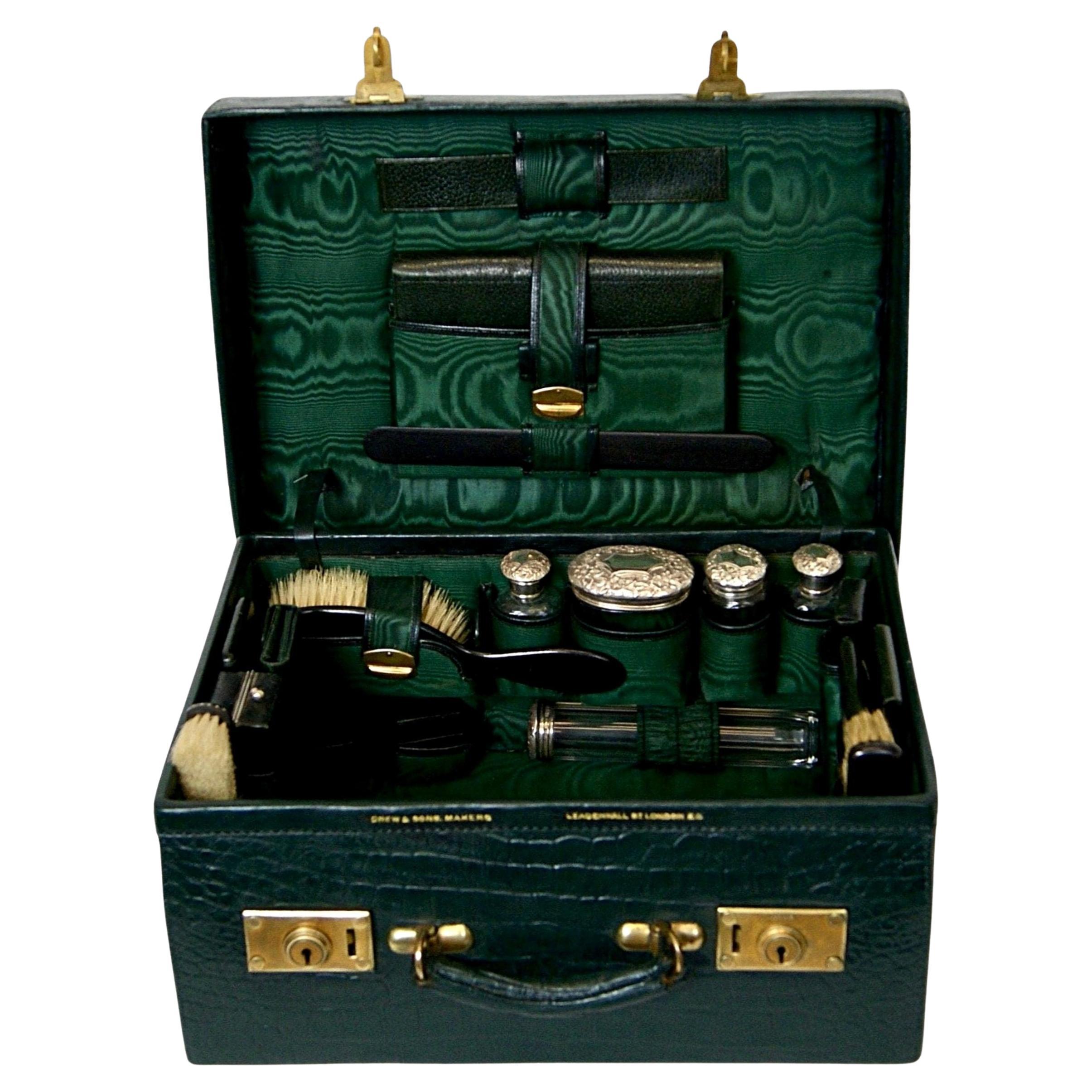 Drew & Sons London, Victorian Fine Crocodile Vanity Case with Silver Accessories For Sale