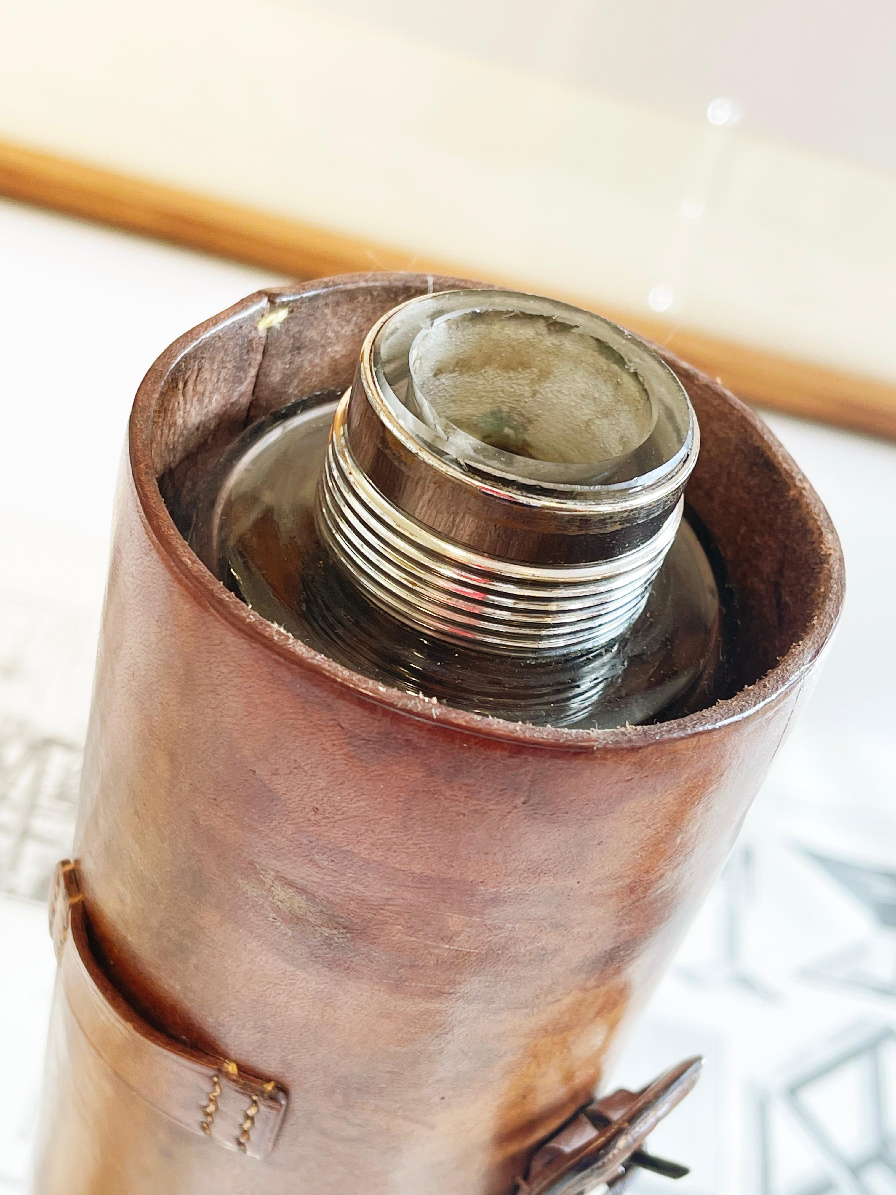 19th Century Drew & Sons Picadilly Circus Hunting Travel Flask Leather, Chrome Glas ca. 1900