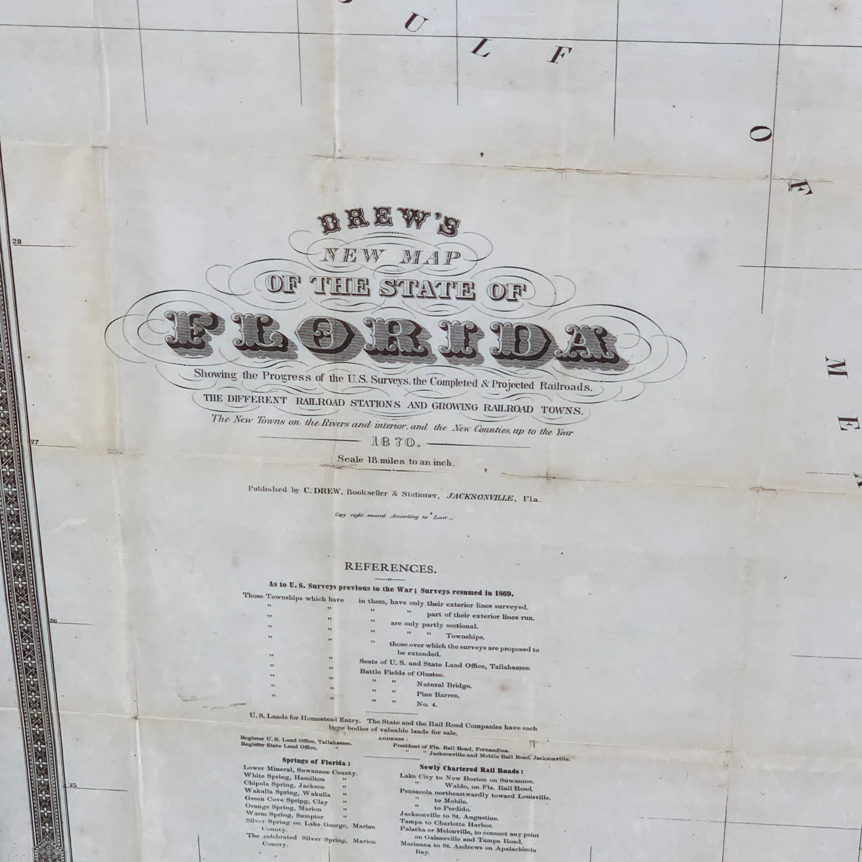 Drew's New Map of the State of Florida, 1870 In Good Condition In West Palm Beach, FL