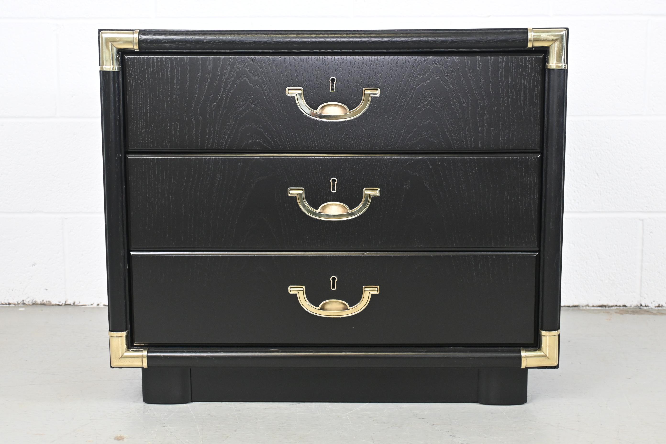 Drexel Accolade Campaign Style Black Lacquered Nightstands - a Pair For Sale 2