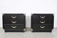 Drexel Accolade Campaign Style Black Lacquered Nightstands - a Pair