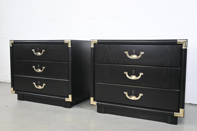 Drexel Accolade Campaign Style Black Lacquered Nightstands - a Pair In Excellent Condition For Sale In Morgan, UT