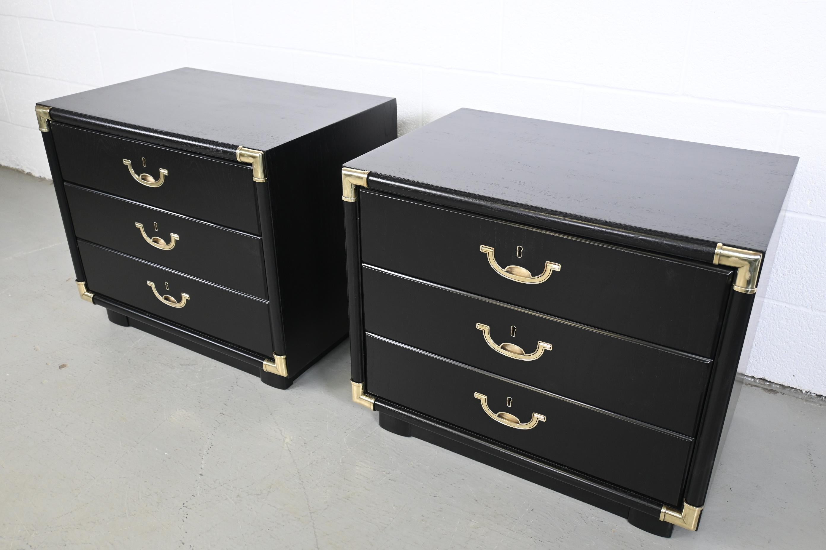 Late 20th Century Drexel Accolade Campaign Style Black Lacquered Nightstands - a Pair For Sale