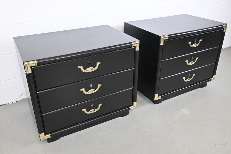 Wood Drexel Accolade Campaign Style Black Lacquered Nightstands - a Pair For Sale