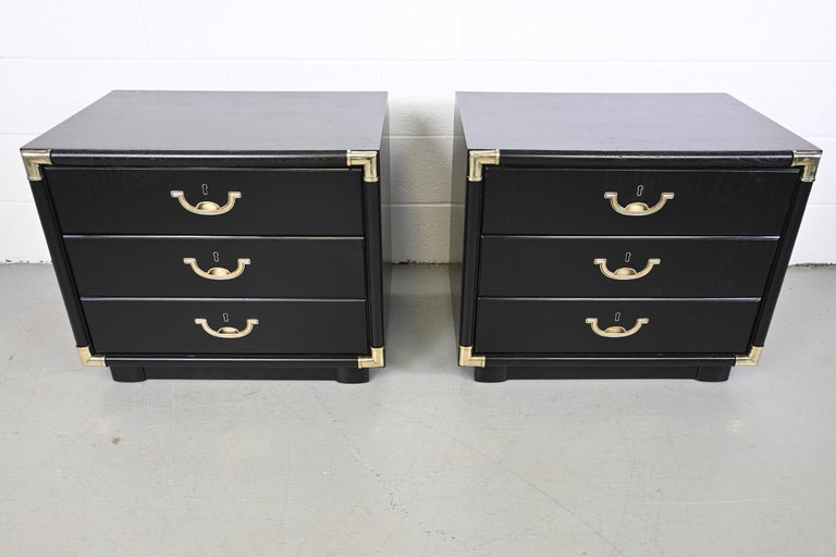 Drexel Accolade Campaign Style Black Lacquered Nightstands - a Pair For Sale 1