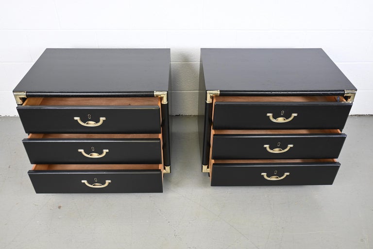 Drexel Accolade Campaign Style Black Lacquered Nightstands - a Pair For Sale 3