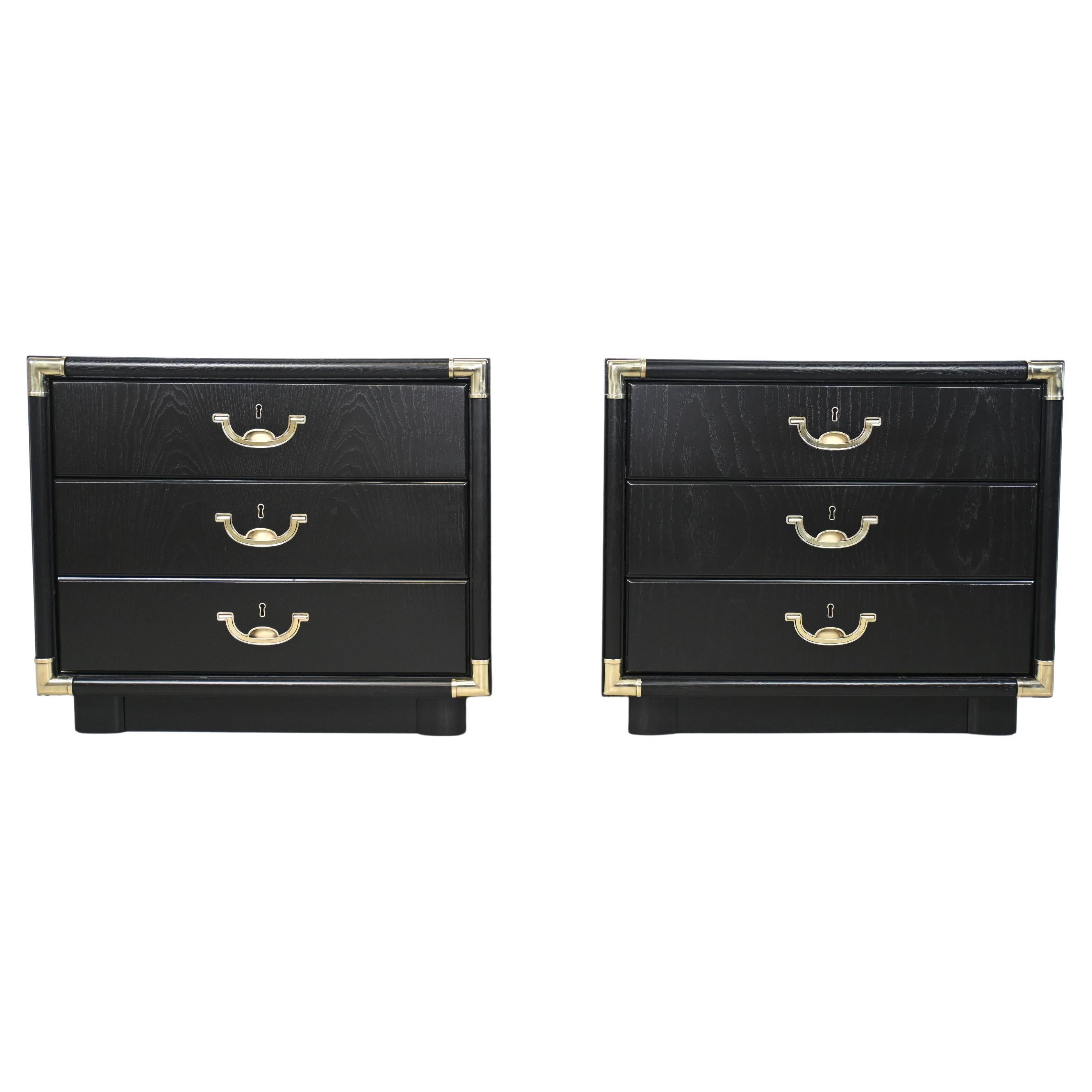 Drexel Accolade Campaign Style Black Lacquered Nightstands - a Pair For Sale