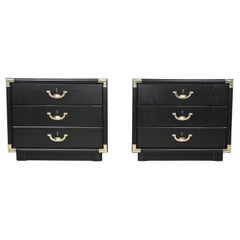 Drexel Accolade Campaign Style Black Lacquered Nightstands - a Pair