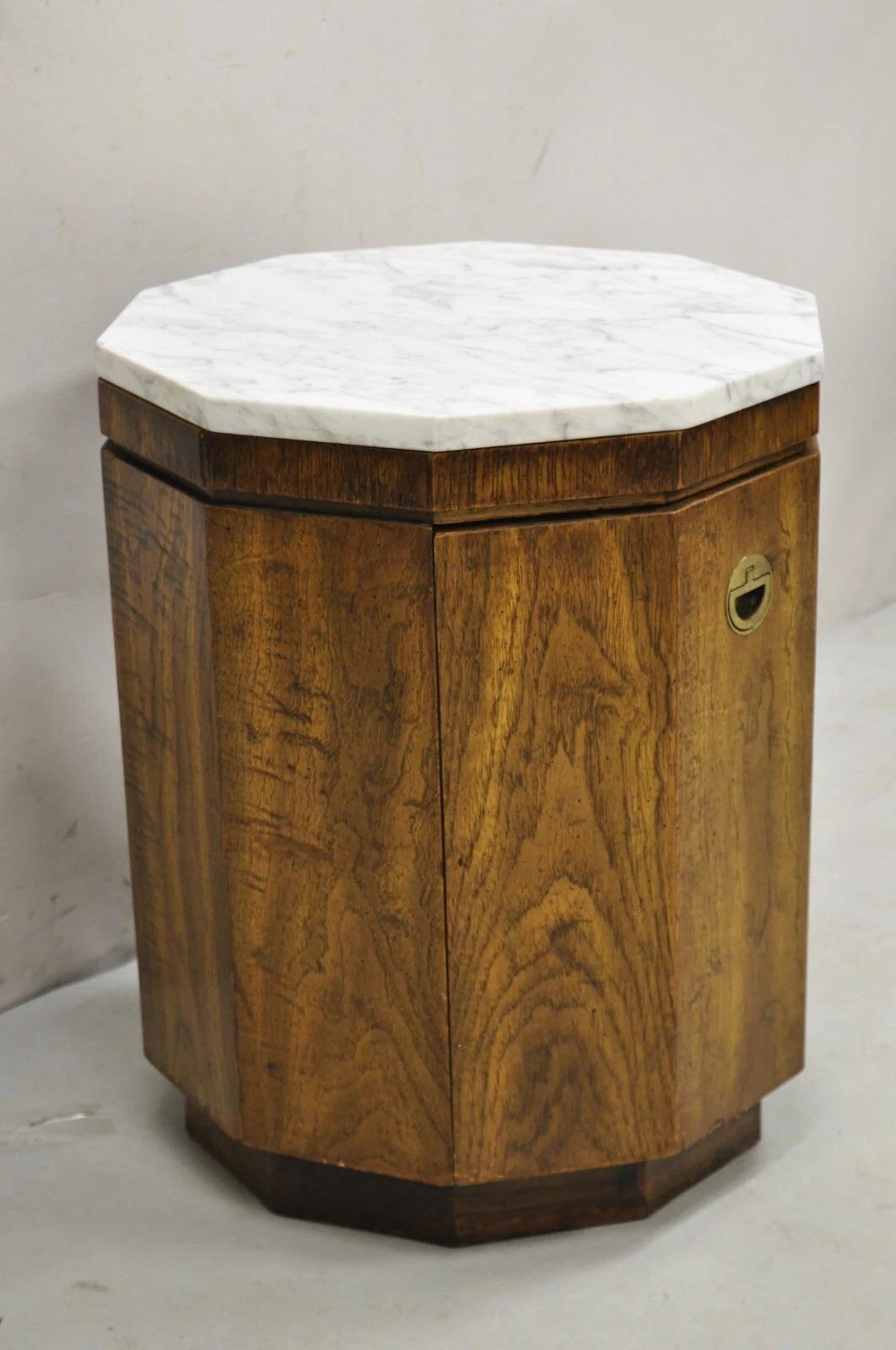 Drexel Accolade Campaign Style Walnut Marble Top Octagonal Side Table Cabinet For Sale 6
