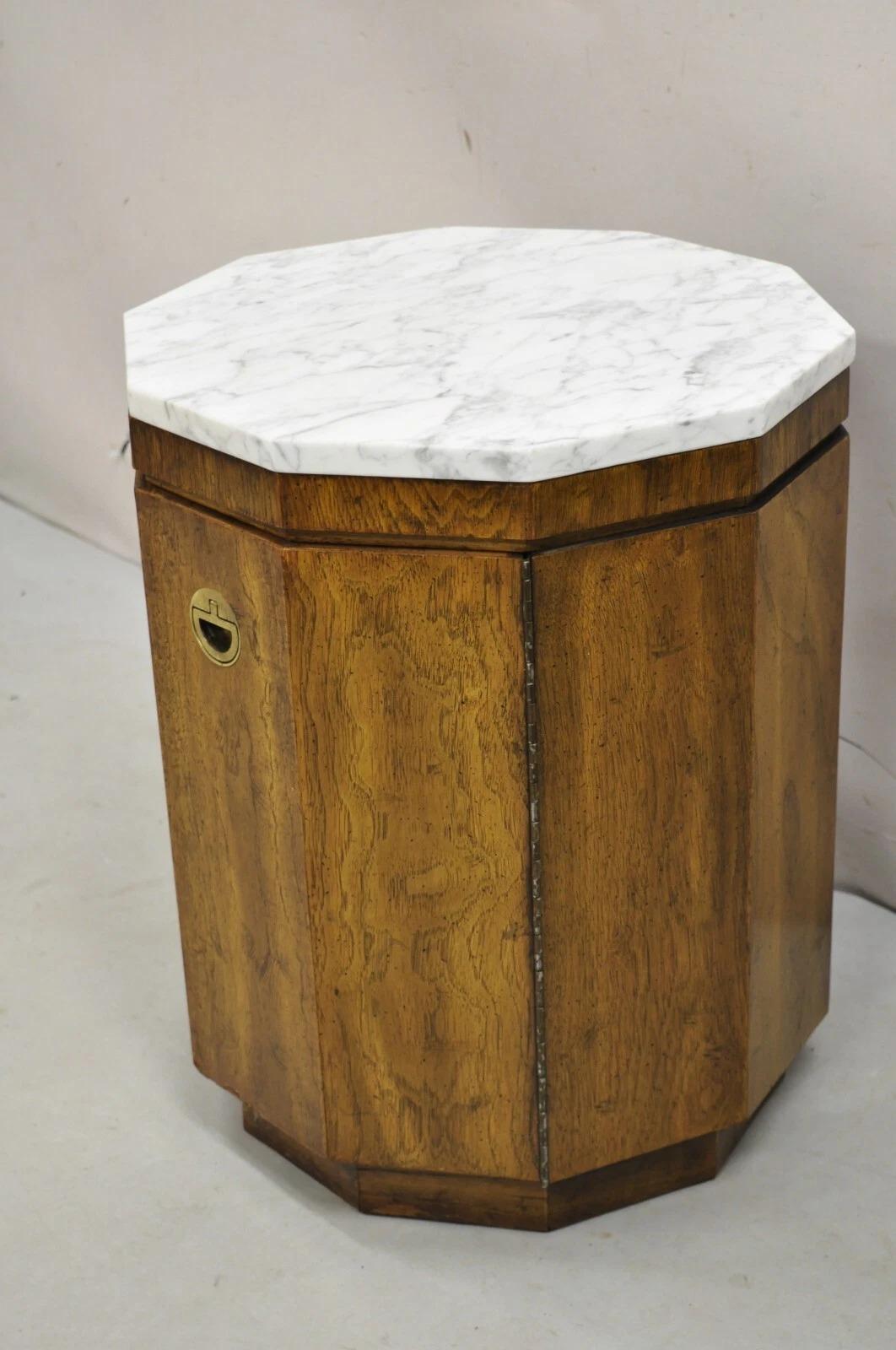 Vintage Drexel Accolade Mid Century Modern Campaign Style Walnut Marble Top Octagonal Side Table Cabinet. Circa Mid 20th Century. Measurements: 22