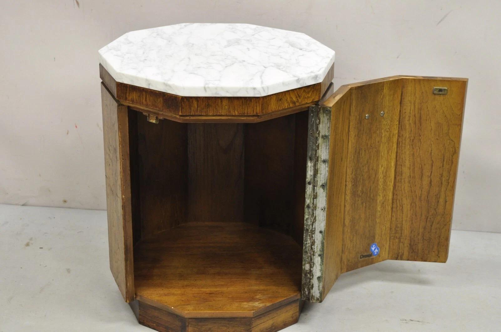 20th Century Drexel Accolade Campaign Style Walnut Marble Top Octagonal Side Table Cabinet For Sale