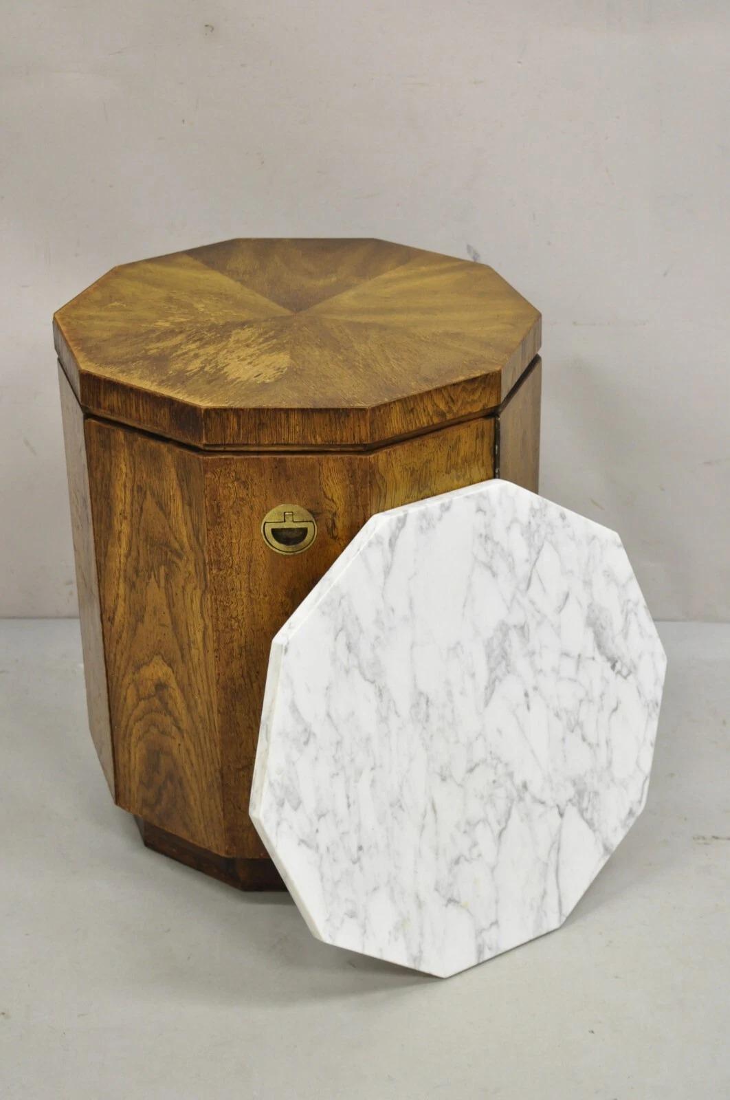 Drexel Accolade Campaign Style Walnut Marble Top Octagonal Side Table Cabinet For Sale 3
