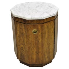 Drexel Accolade Campaign Style Walnut Marble Top Octagonal Side Table Cabinet