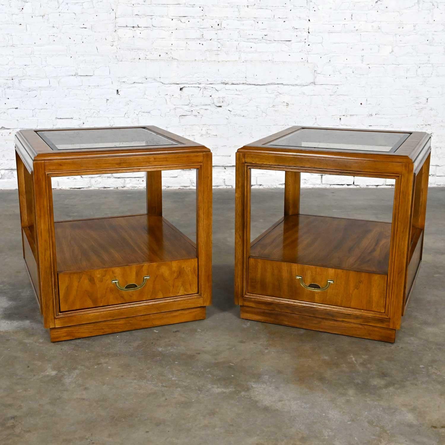 Drexel Accolade Collection II Campaign Style Wood End Tables w Glass Tops Insert For Sale 1