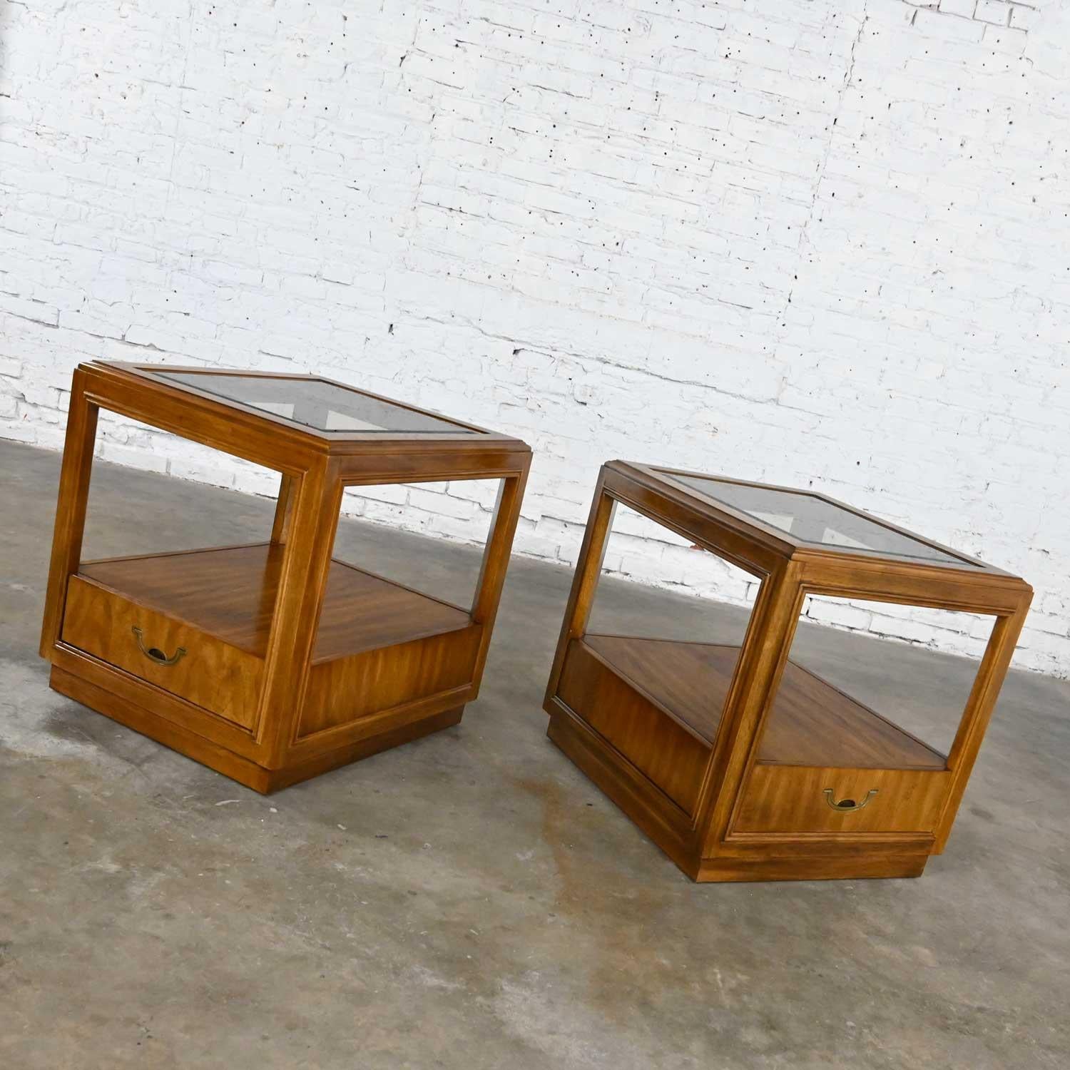Plated Drexel Accolade Collection II Campaign Style Wood End Tables w Glass Tops Insert For Sale