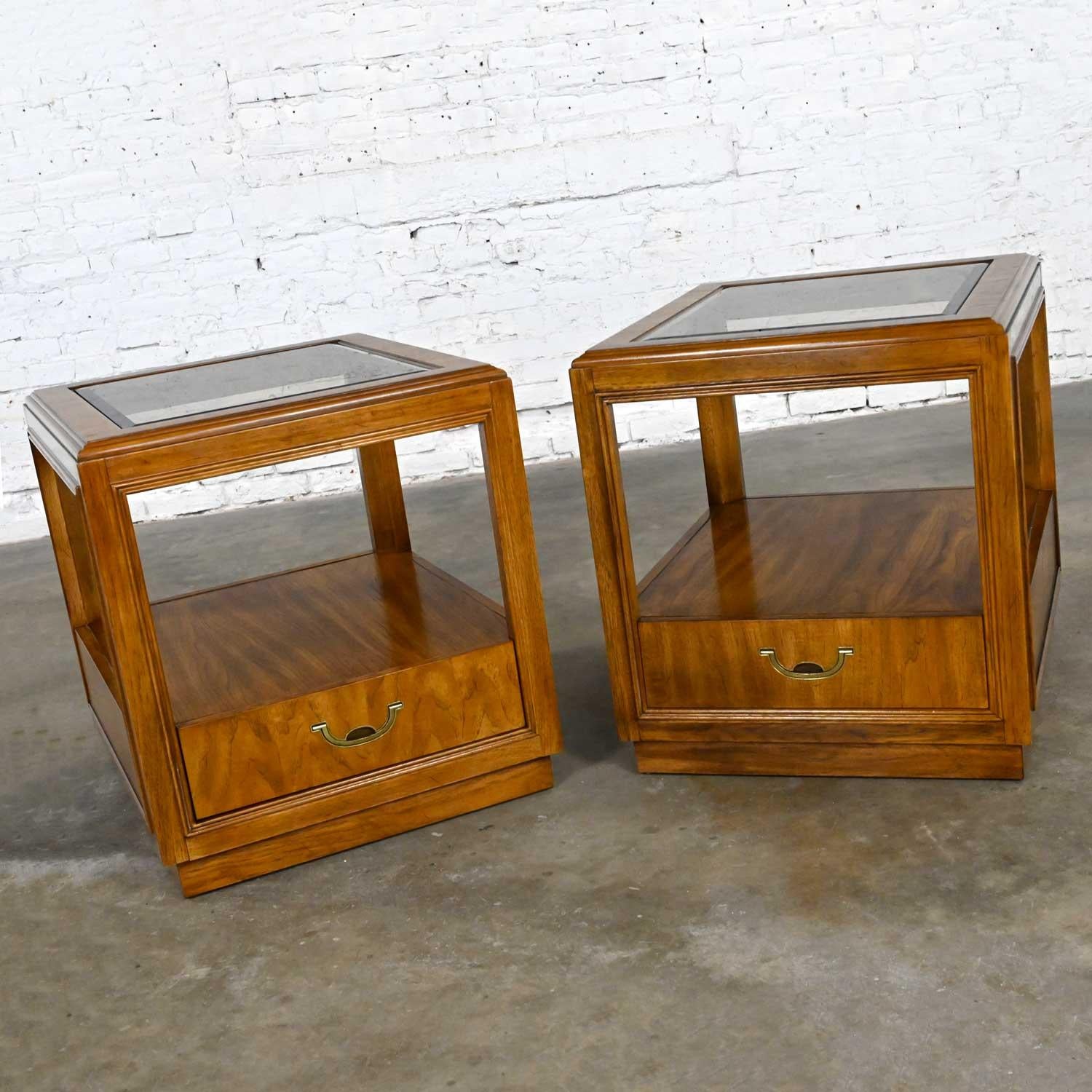 Drexel Accolade Collection II Campaign Style Wood End Tables w Glass Tops Insert In Good Condition For Sale In Topeka, KS