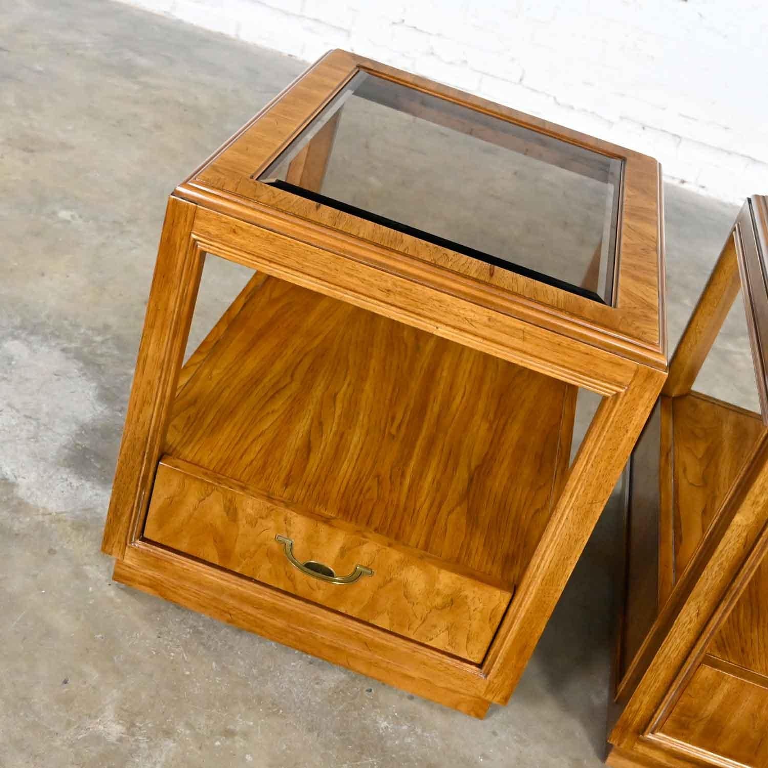 20th Century Drexel Accolade Collection II Campaign Style Wood End Tables w Glass Tops Insert For Sale