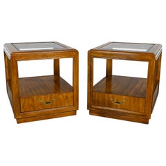 Retro Drexel Accolade Collection II Campaign Style Wood End Tables w Glass Tops Insert