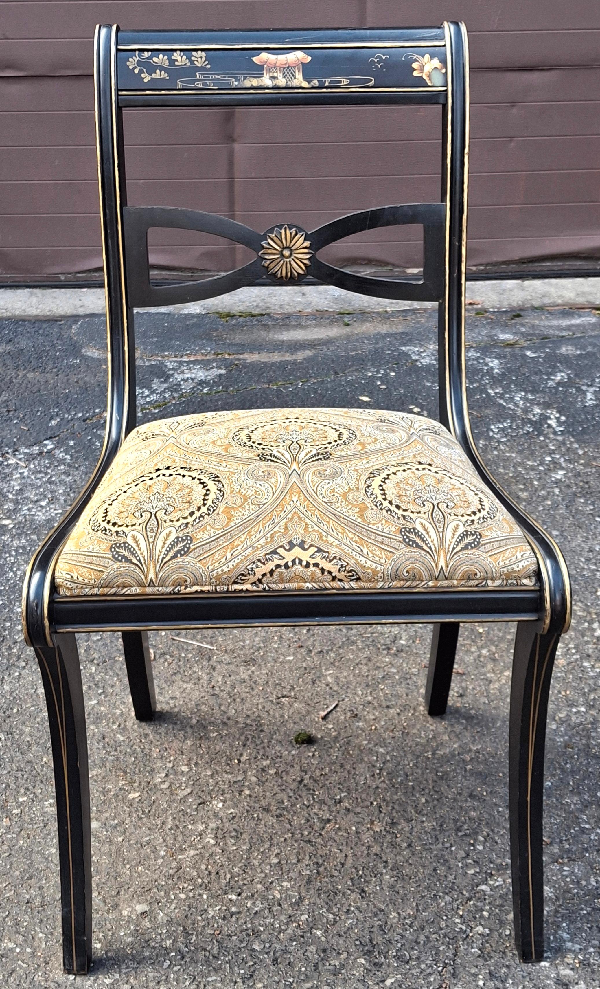 Drexel chaises de salle à manger en laque noire Chinoiserie Klismos style Regency, ensemble de 6 en vente 2
