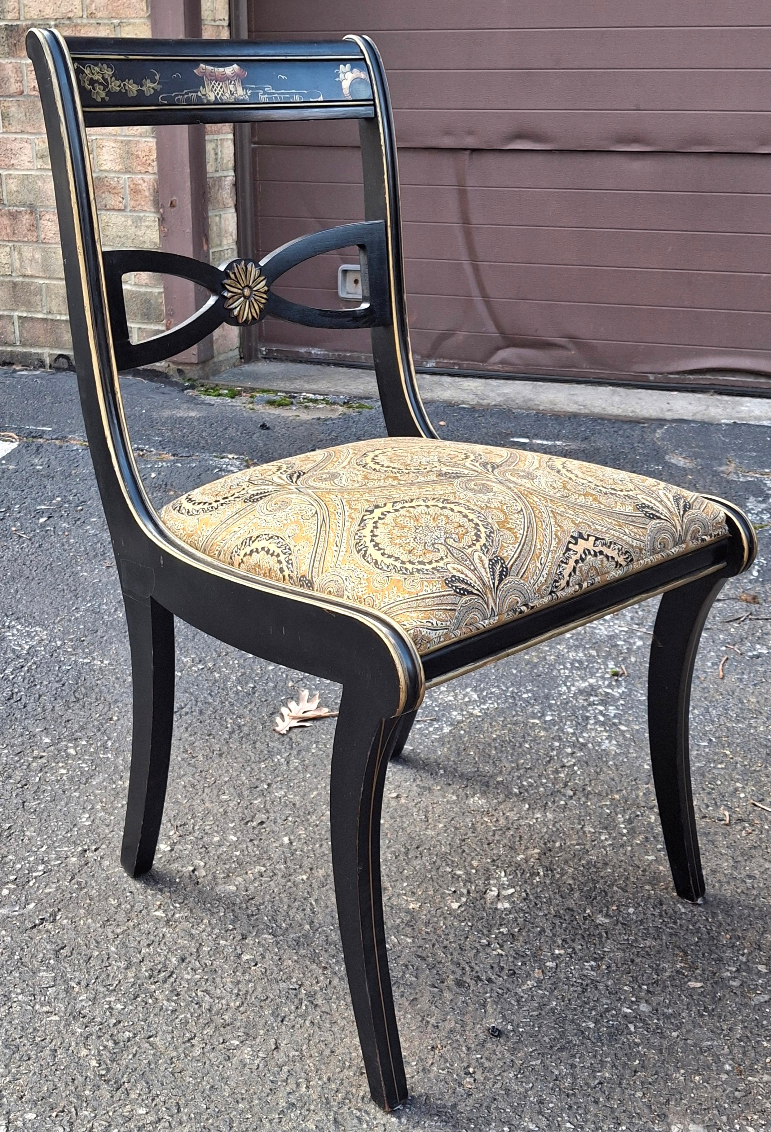 Drexel chaises de salle à manger en laque noire Chinoiserie Klismos style Regency, ensemble de 6 en vente 3