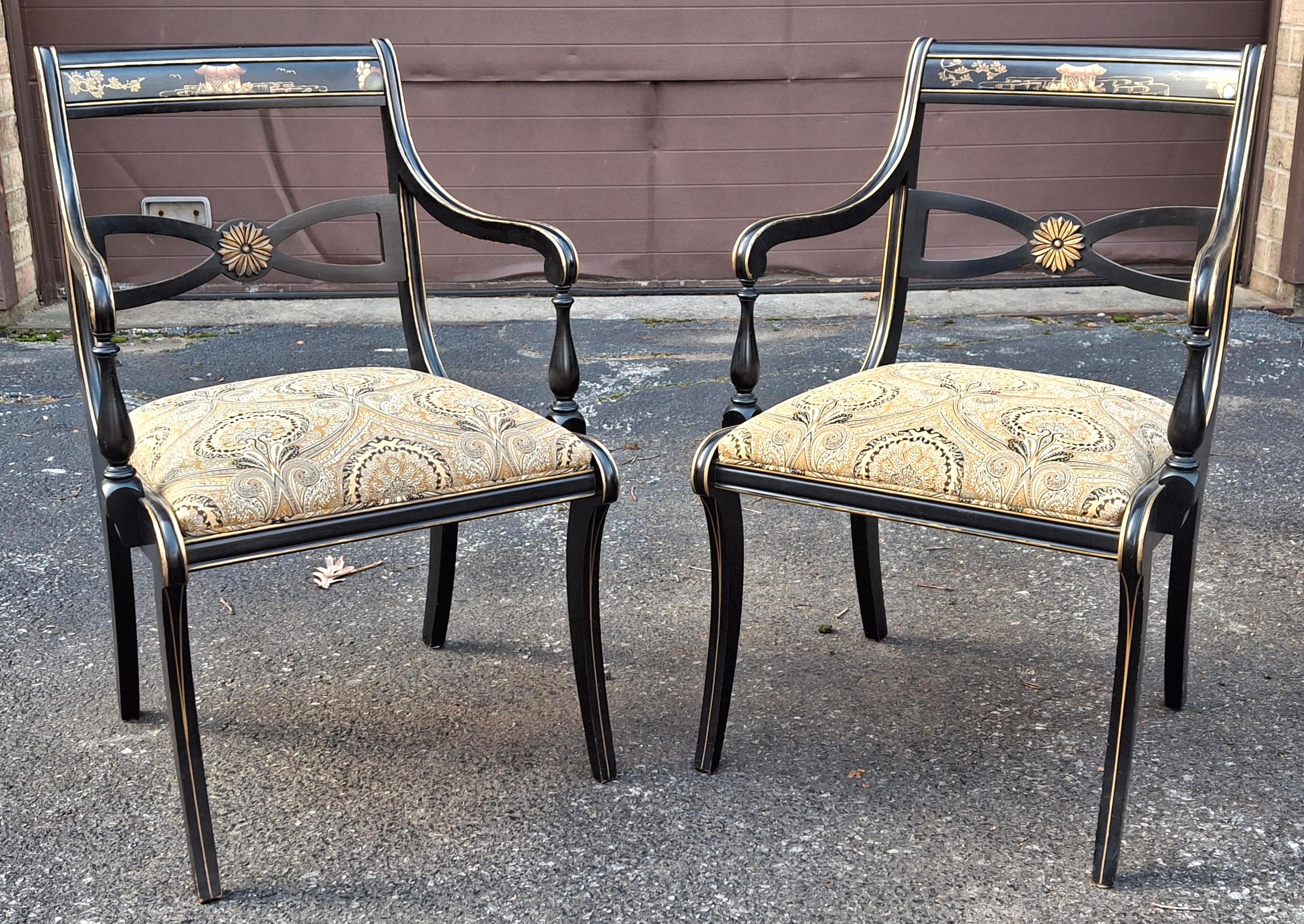 Drexel chaises de salle à manger en laque noire Chinoiserie Klismos style Regency, ensemble de 6 en vente 6