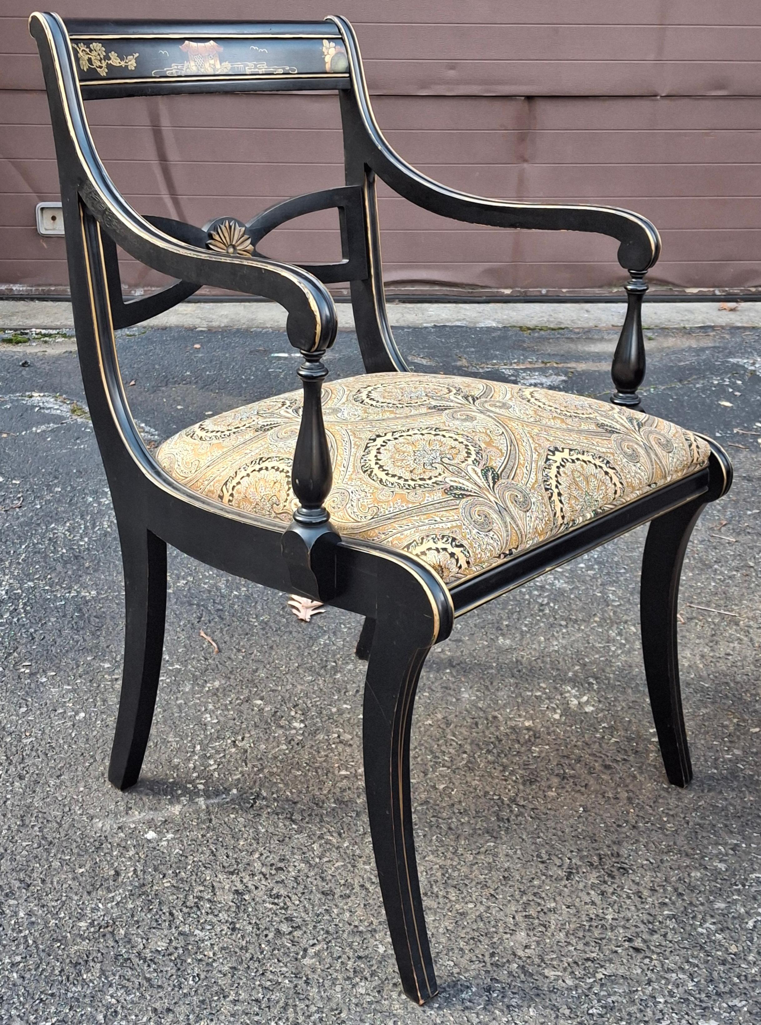 Drexel chaises de salle à manger en laque noire Chinoiserie Klismos style Regency, ensemble de 6 en vente 7