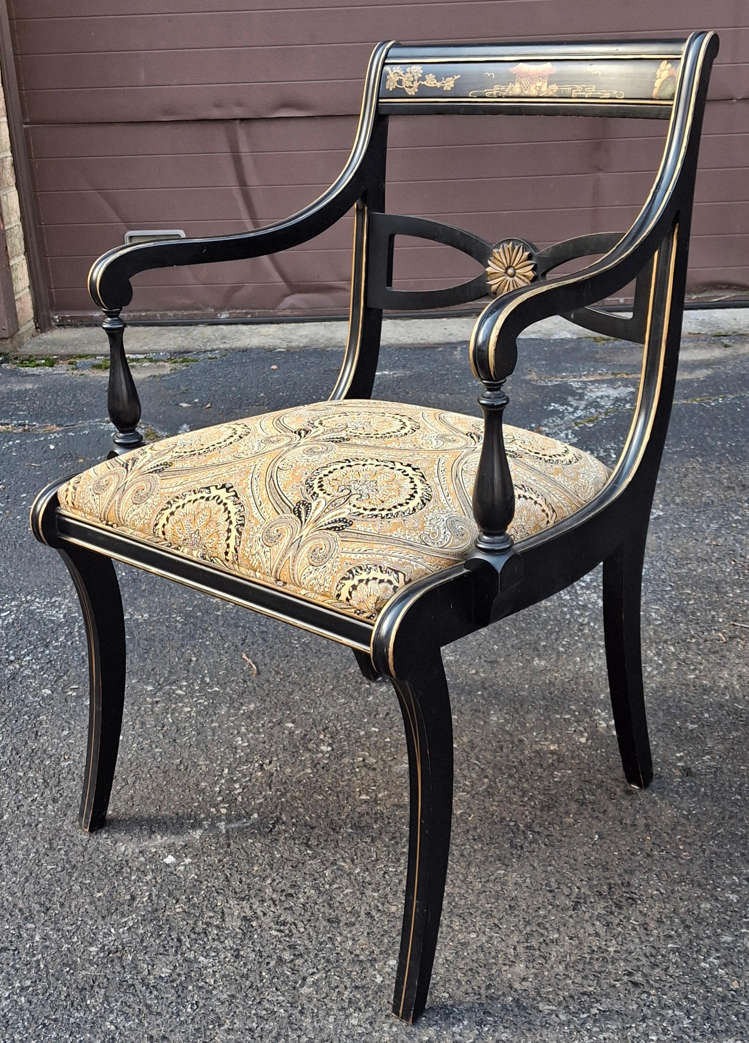 Drexel chaises de salle à manger en laque noire Chinoiserie Klismos style Regency, ensemble de 6 en vente 12