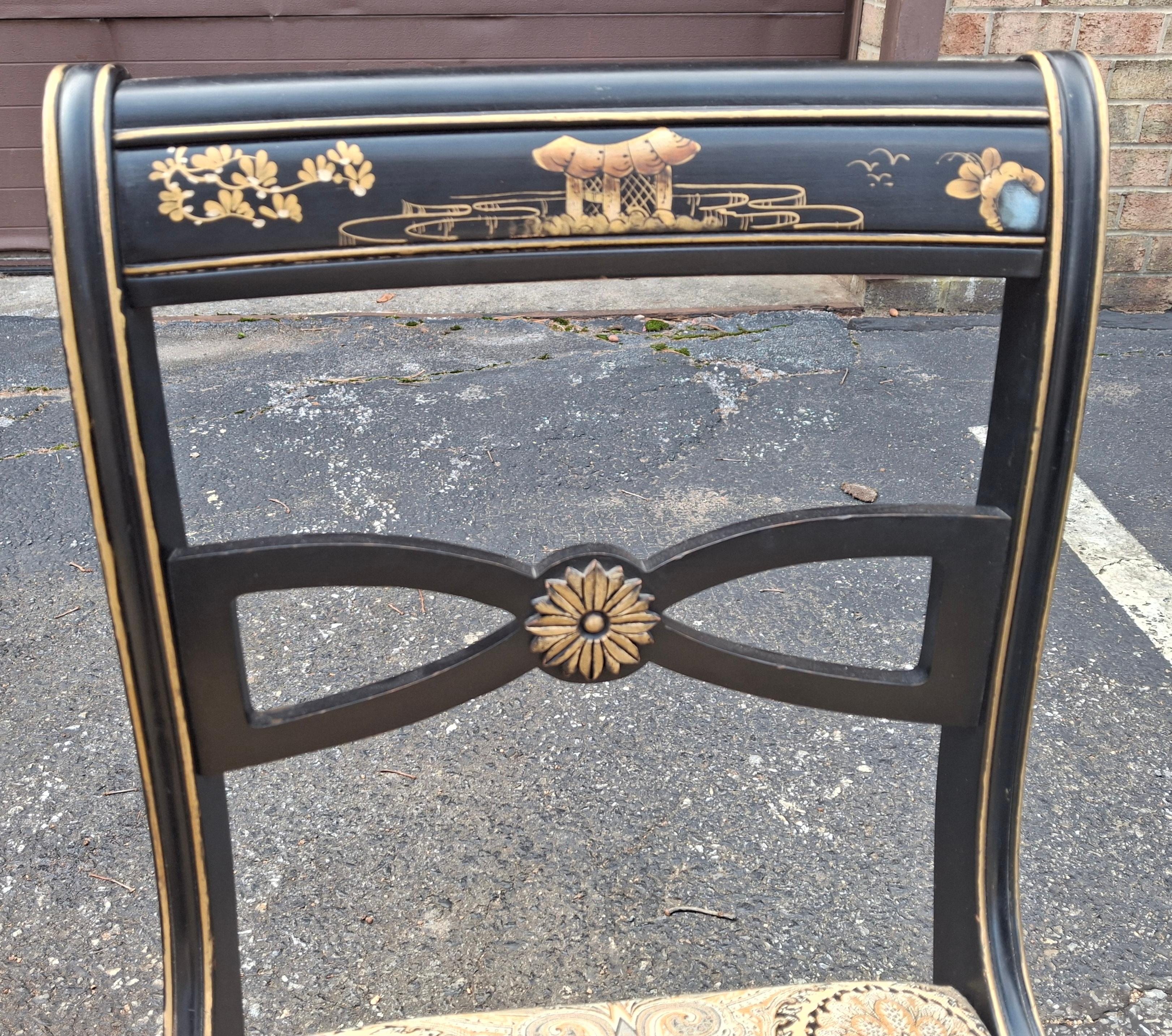 Américain Drexel chaises de salle à manger en laque noire Chinoiserie Klismos style Regency, ensemble de 6 en vente