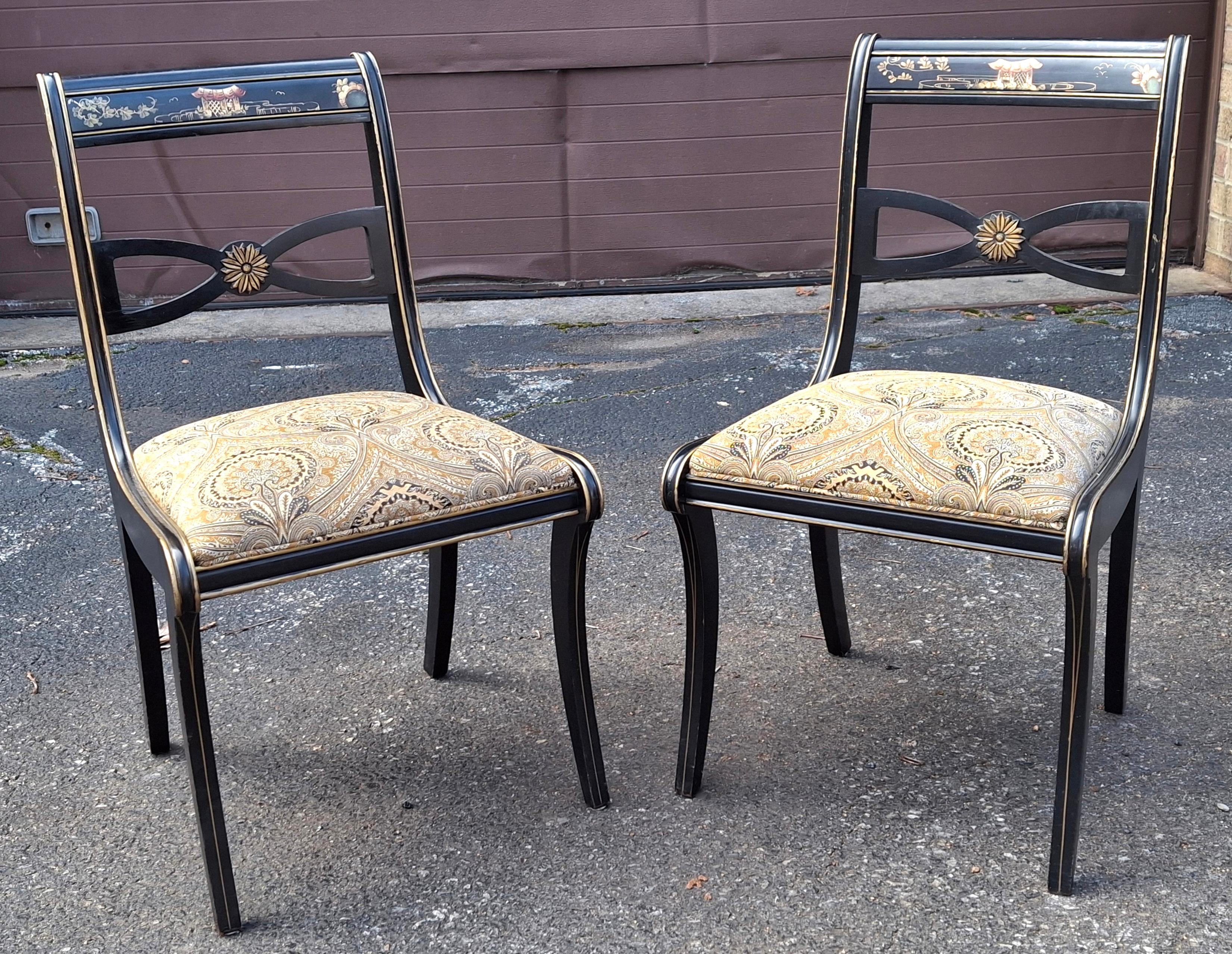 Tissu d'ameublement Drexel chaises de salle à manger en laque noire Chinoiserie Klismos style Regency, ensemble de 6 en vente