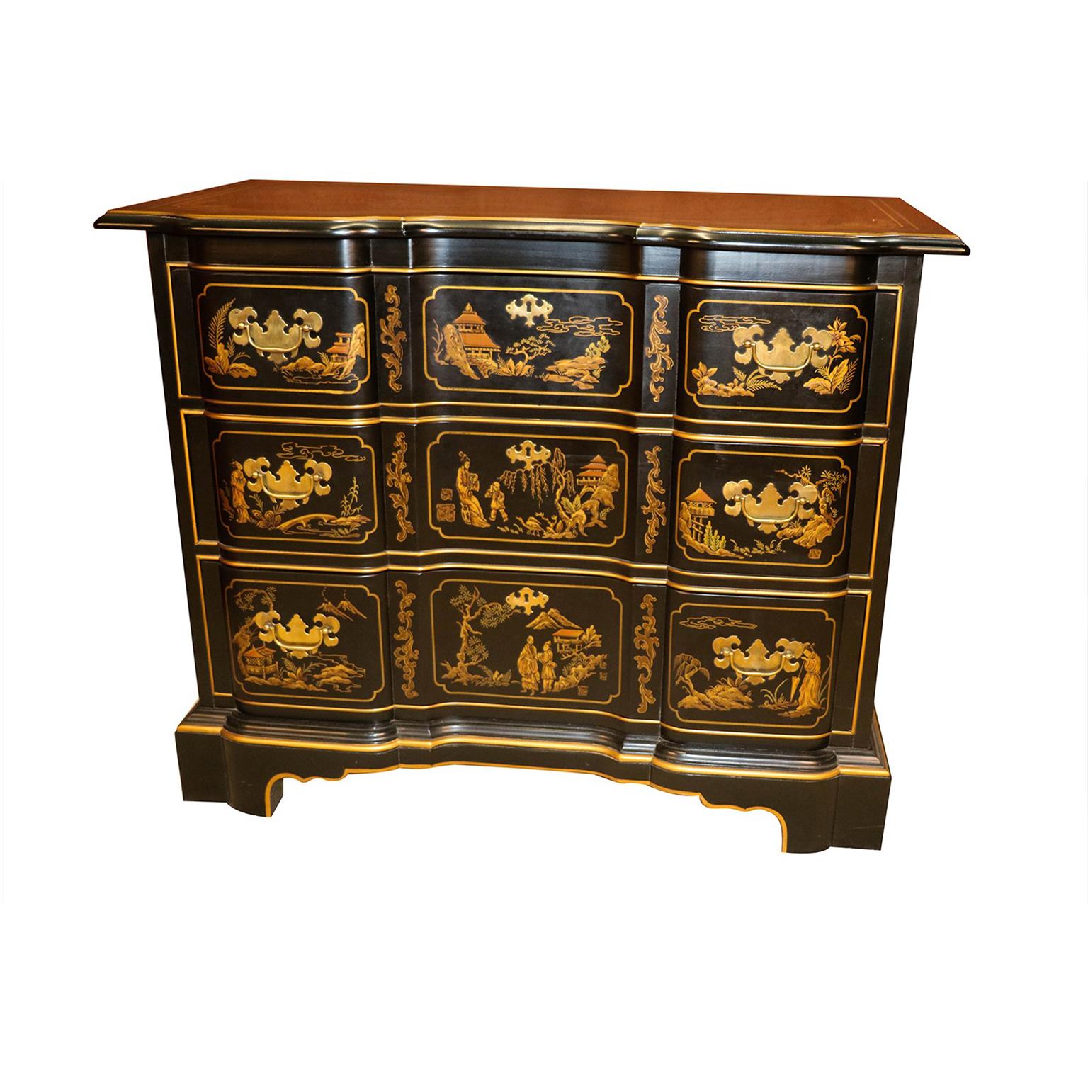 Late 20th Century Drexel Black Lacquer Chinoiserie Style Chest of Drawers Dresser Nightstand