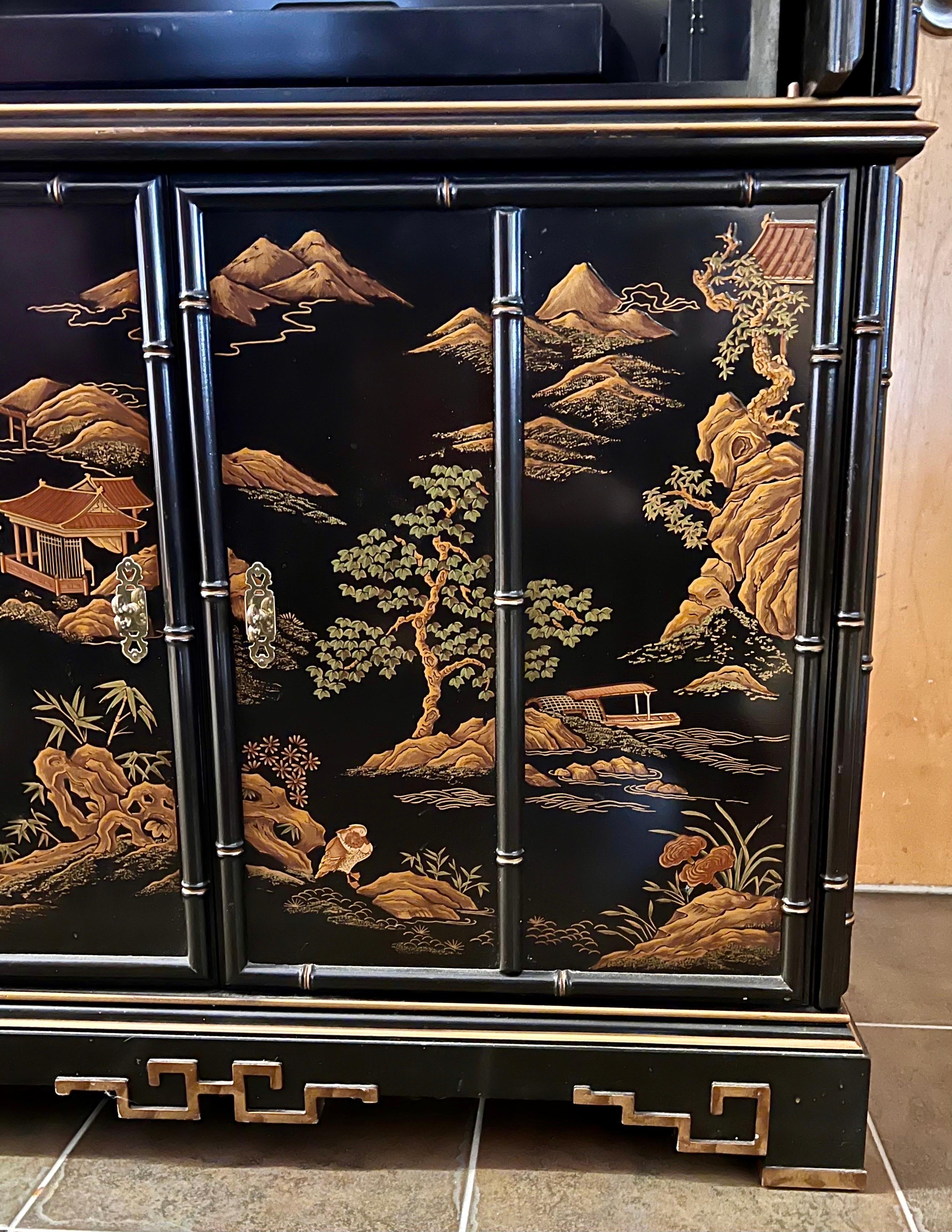 Drexel Black Lacquered Chinoiserie Pagoda Top Armoire Wardrobe Cabinet  For Sale 4