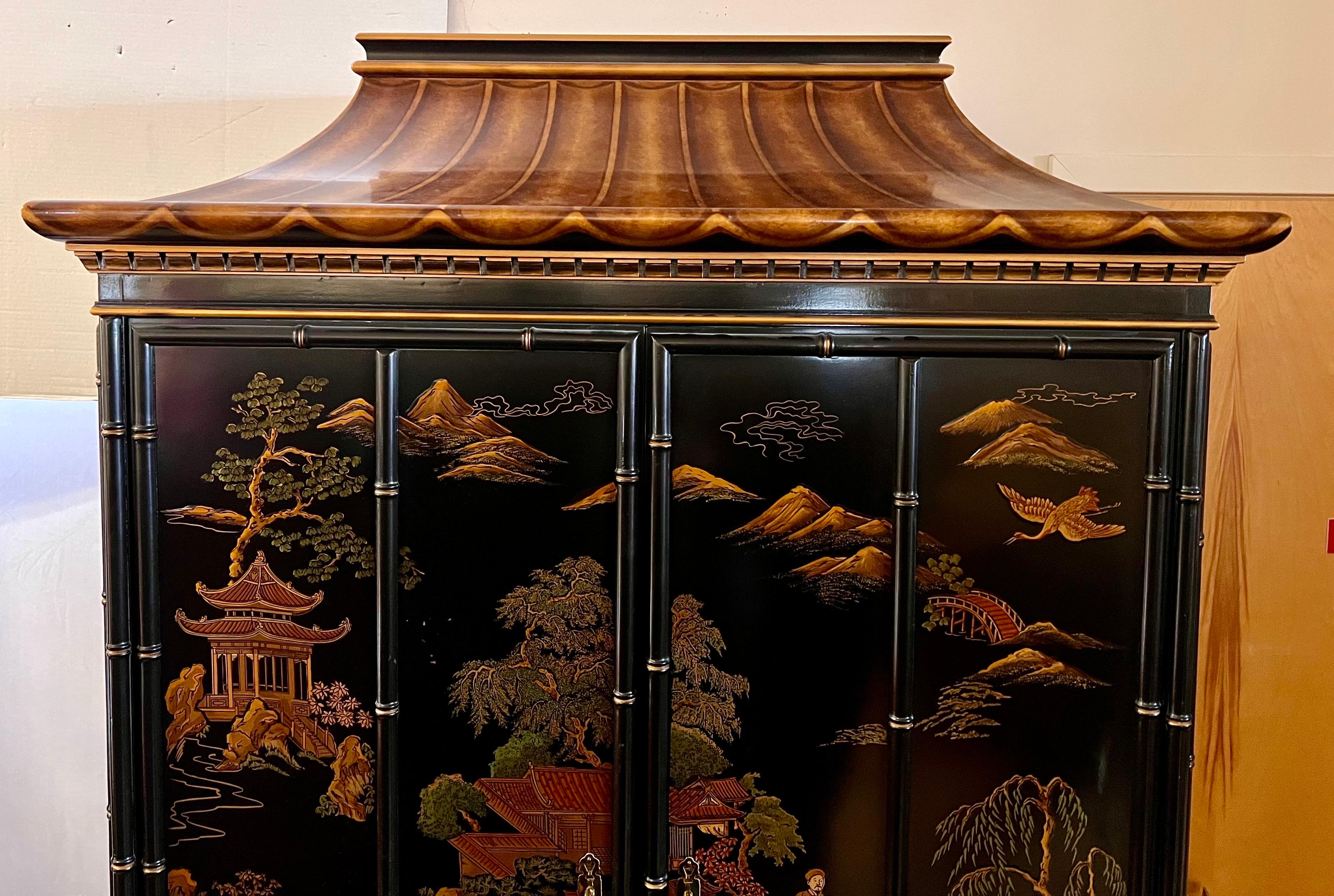 Drexel Black Lacquered Chinoiserie Pagoda Top Armoire Wardrobe Cabinet  For Sale 8