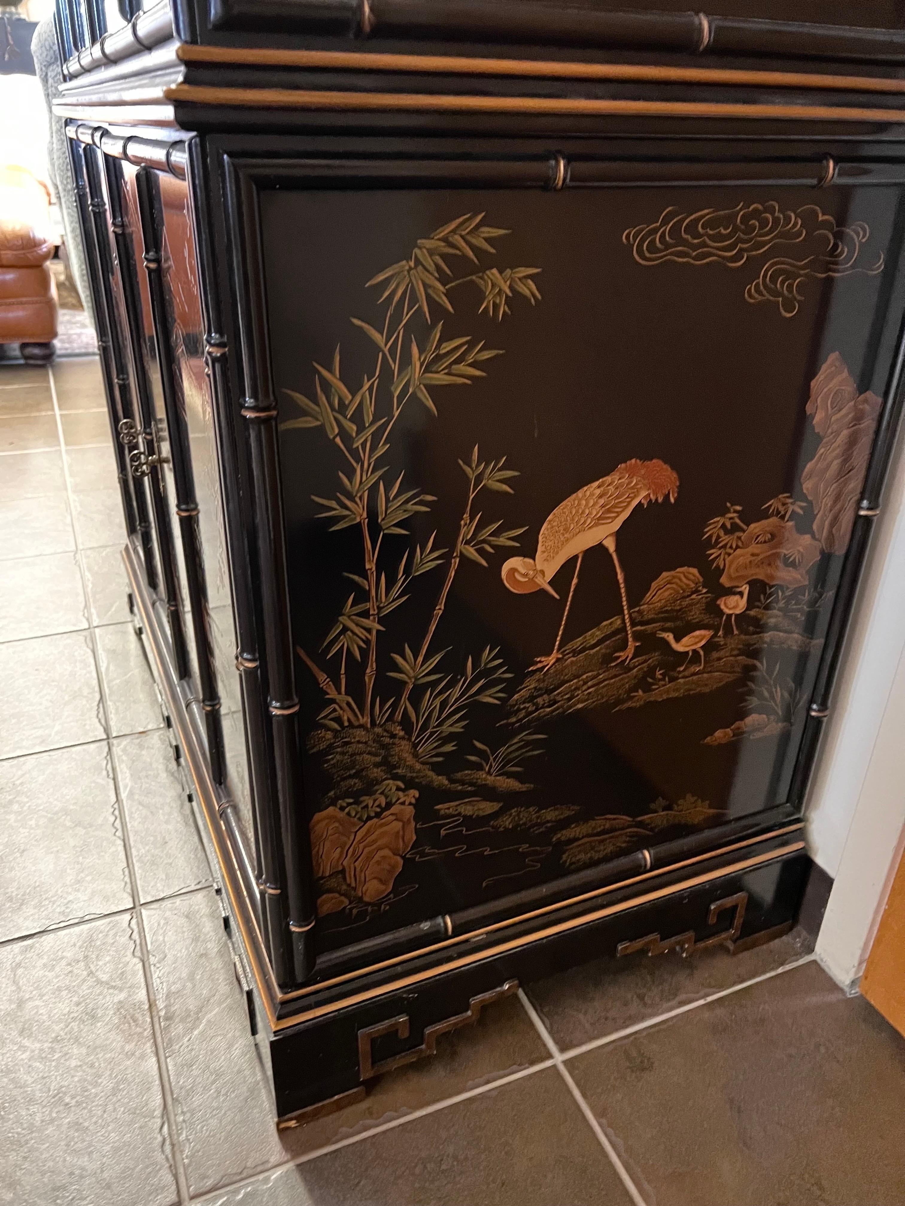 Drexel Black Lacquered Chinoiserie Pagoda Top Armoire Wardrobe Cabinet  For Sale 9