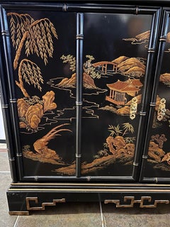 Drexel Black Lacquered Chinoiserie Pagoda Top Armoire Wardrobe Cabinet