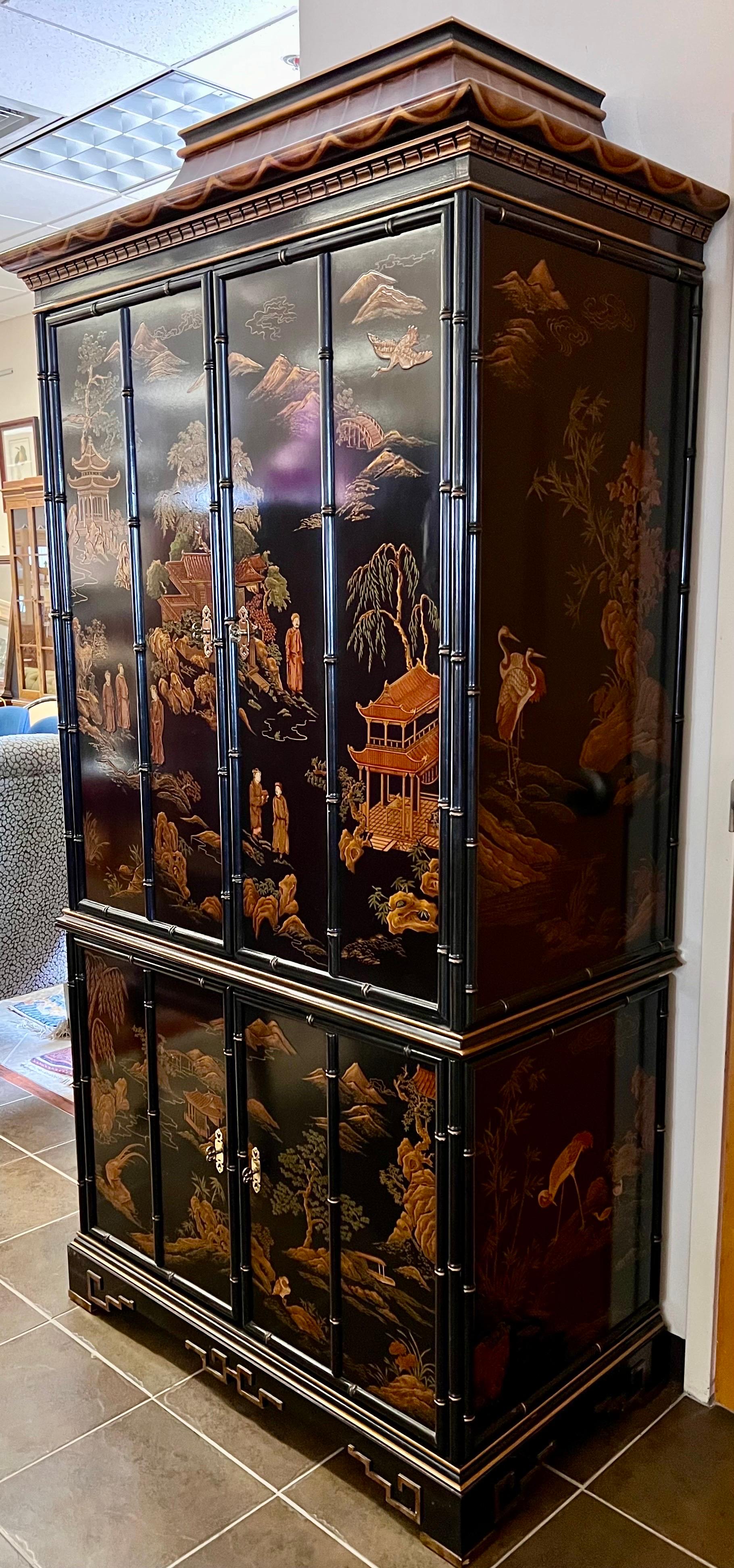 Drexel Black Lacquered Chinoiserie Pagoda Top Armoire Wardrobe Cabinet  In Good Condition For Sale In West Hartford, CT