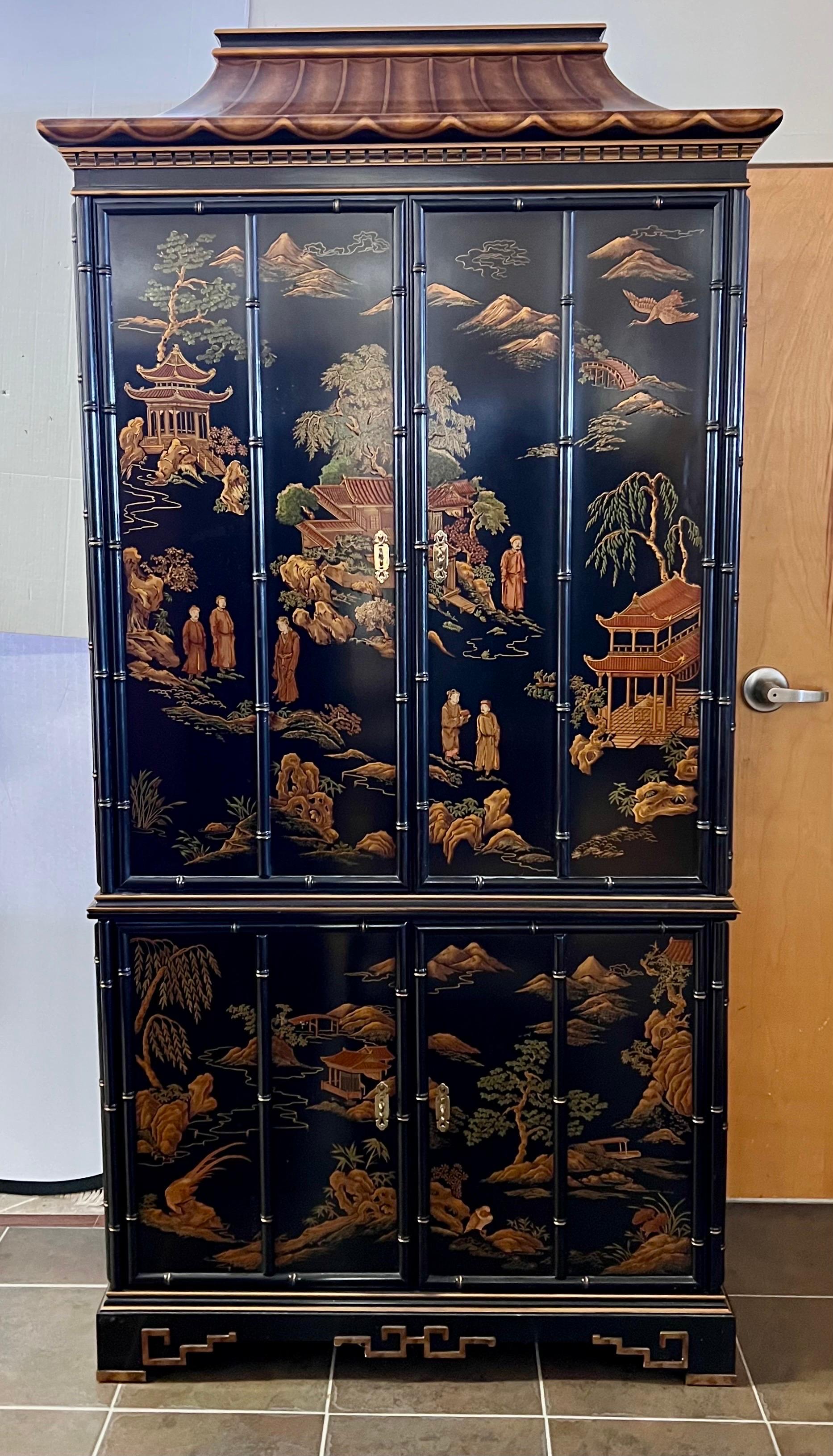 Late 20th Century Drexel Black Lacquered Chinoiserie Pagoda Top Armoire Wardrobe Cabinet  For Sale