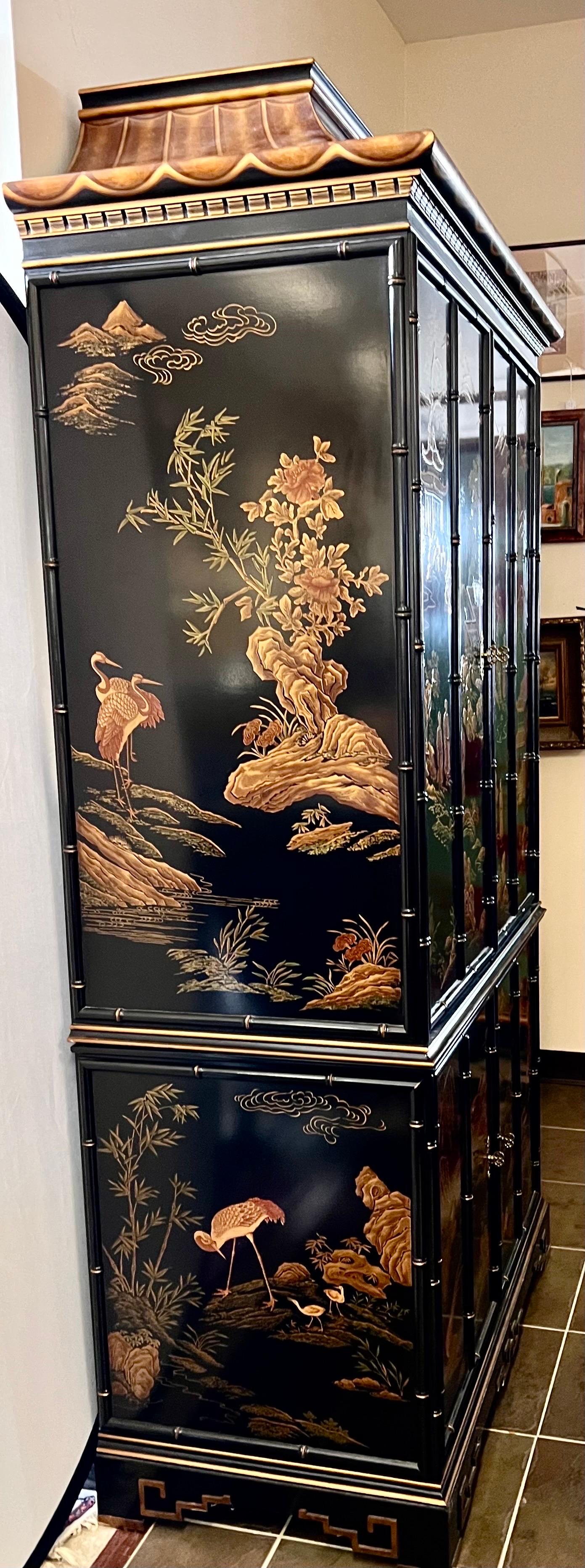Faux Bamboo Drexel Black Lacquered Chinoiserie Pagoda Top Armoire Wardrobe Cabinet  For Sale