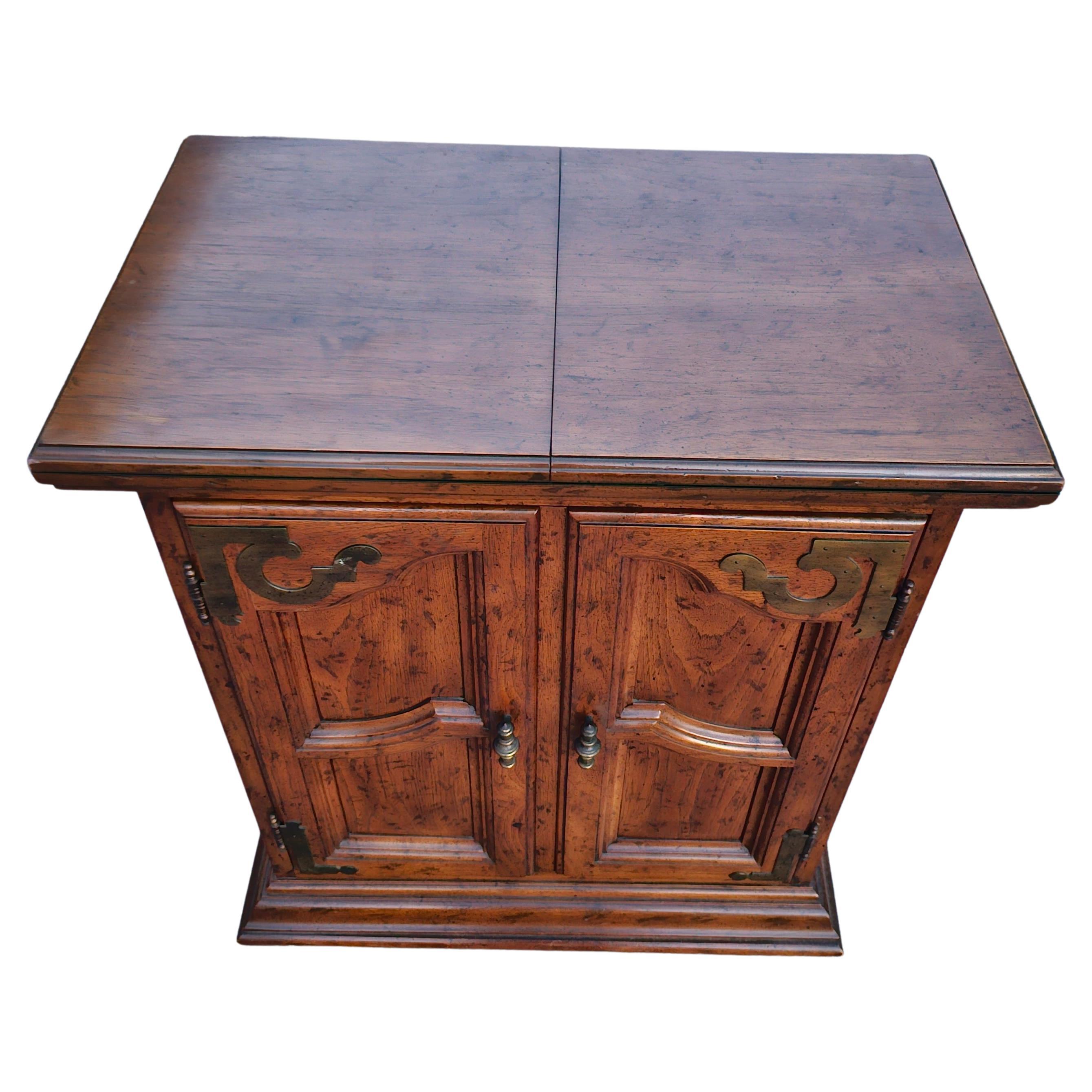 20th Century Drexel Brass Mount Fruitwood Fold-Top Mini Bar with French Doors For Sale