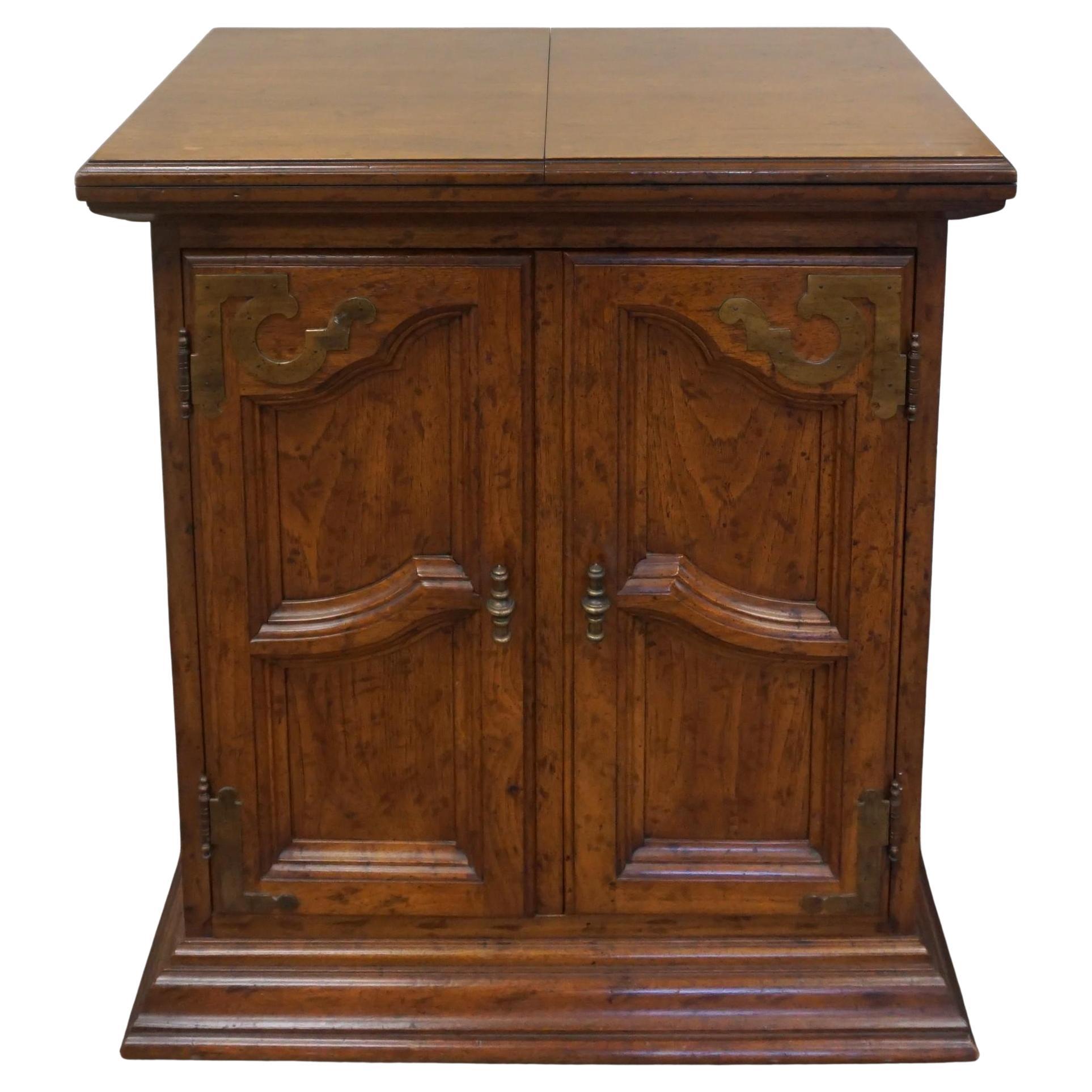 Drexel Brass Mount Fruitwood Fold-Top Mini Bar with French Doors For Sale 2