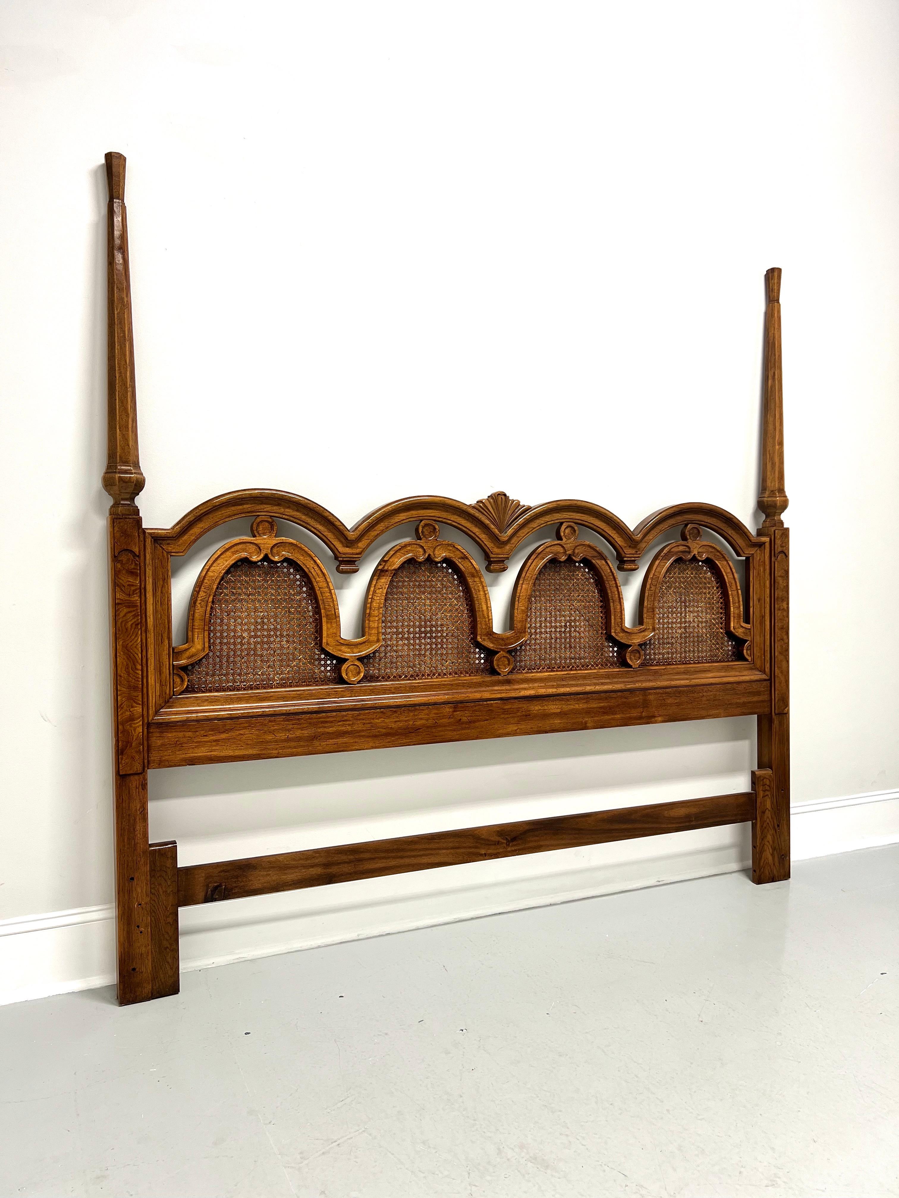 A Mediterranean style king size headboard by Drexel. Solid burl oak, arched design, two tall posts, and four inset caned panels on a solid base. Features decorative carved arches and accents. Made in North Carolina, USA, circa 1970's.

Style #: 