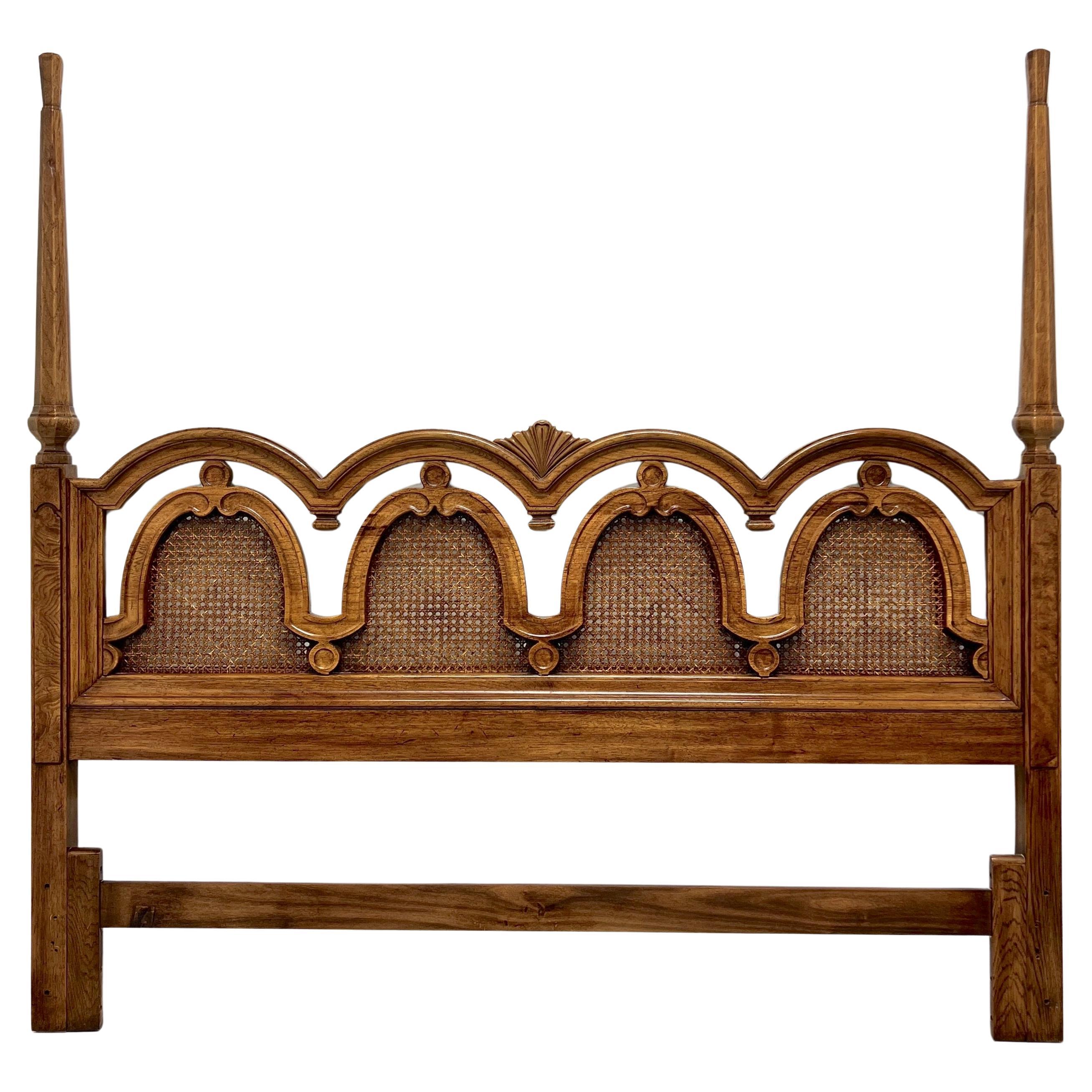 DREXEL Burl Oak Caned Mediterranean Style Two Post King Size Headboard