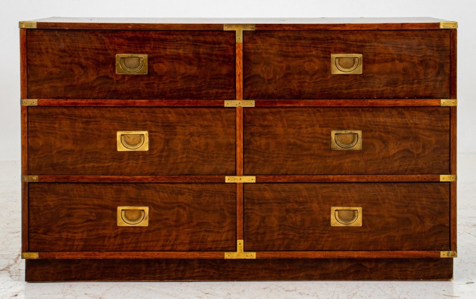 Drexel heritage campaign style brass mounted mahogany dresser, with brass bound corners and fittings, rectangular with two sets of three short drawers. Measures: 29