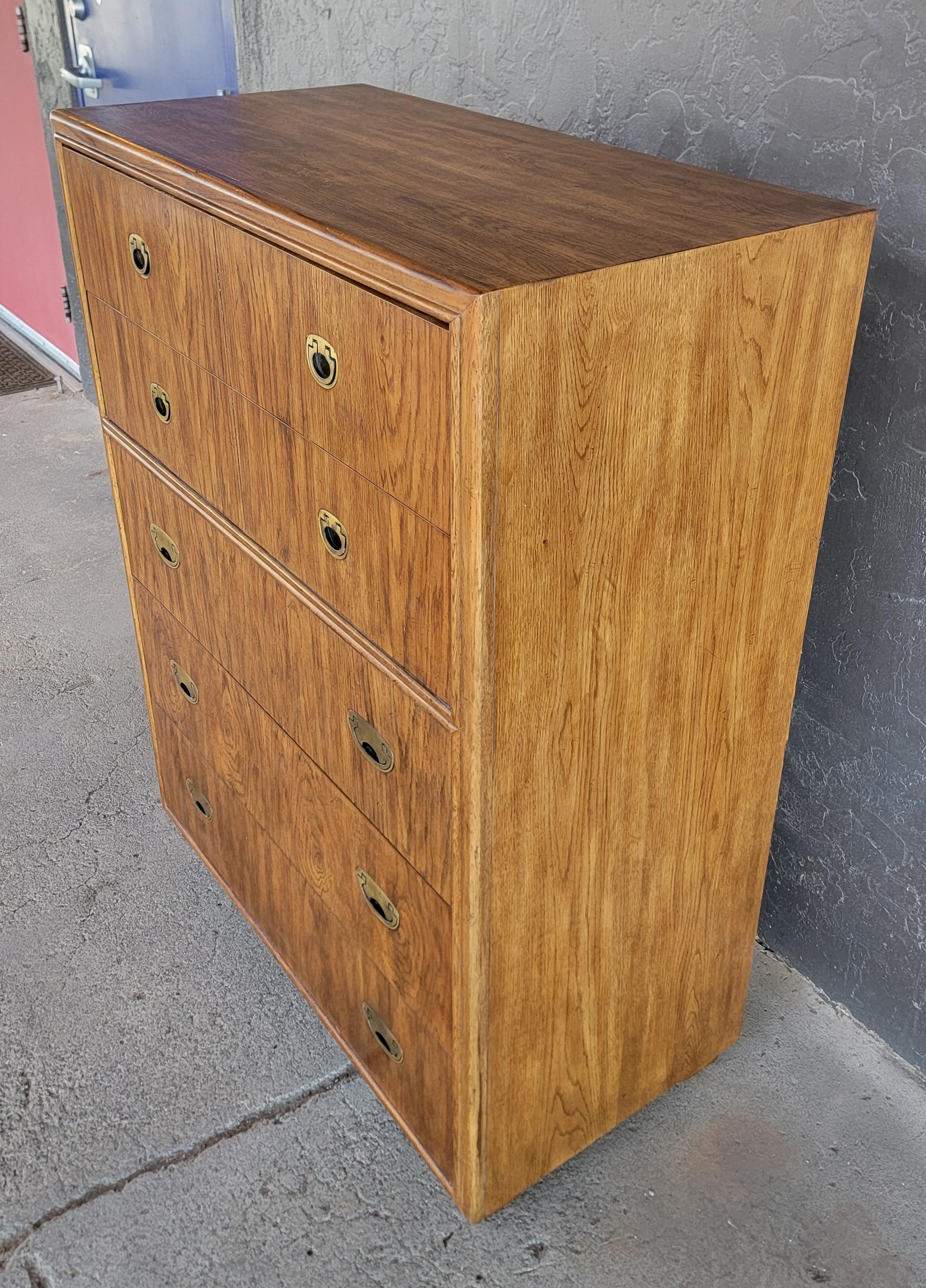 Oak Drexel Campaign Highboy Dresser Chest of Drawers For Sale