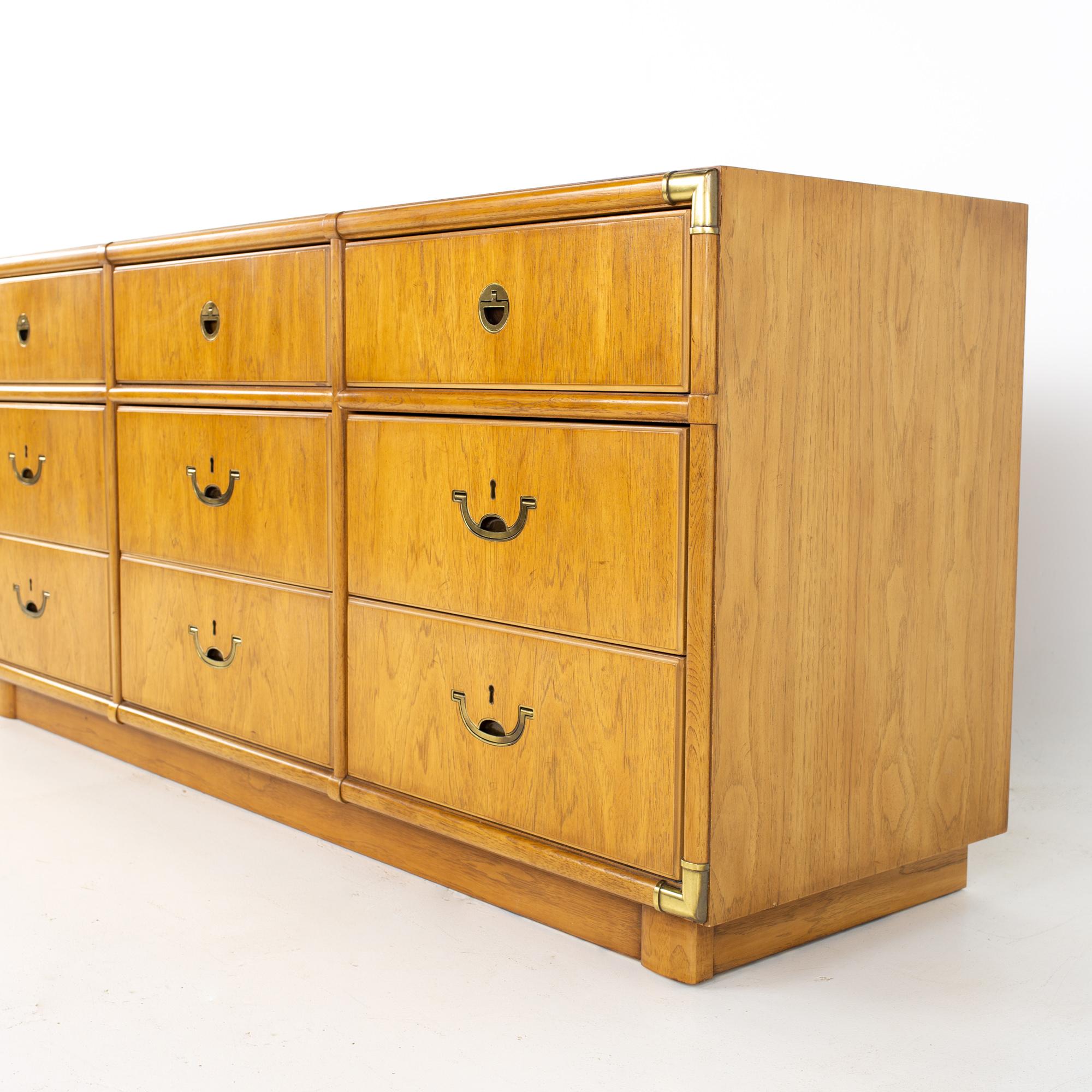 Mid-Century Modern Drexel Campaign Mid Century Walnut and Brass 9 Drawer Lowboy Dresser